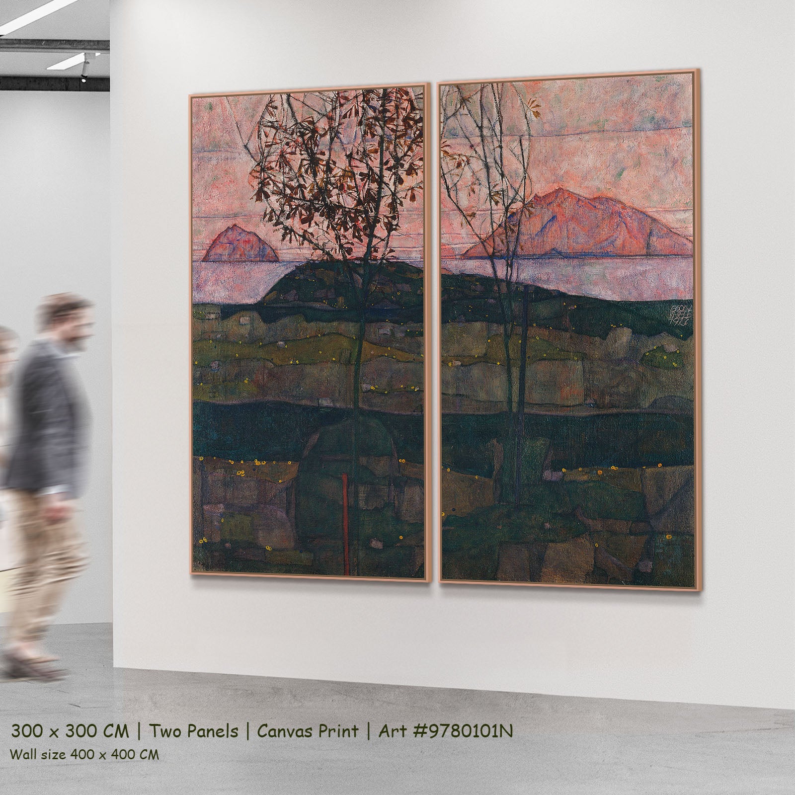 Setting Sun by Egon Schiele as a large two-panel green and pink Expressionist Abstract canvas set