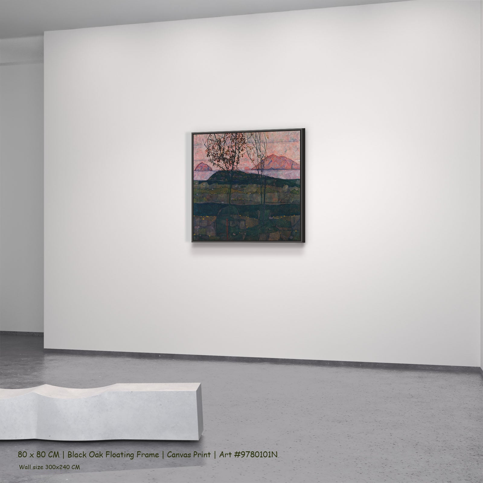 Setting Sun by Egon Schiele in a black oak floating frame, large green and pink Expressionist Abstract canvas