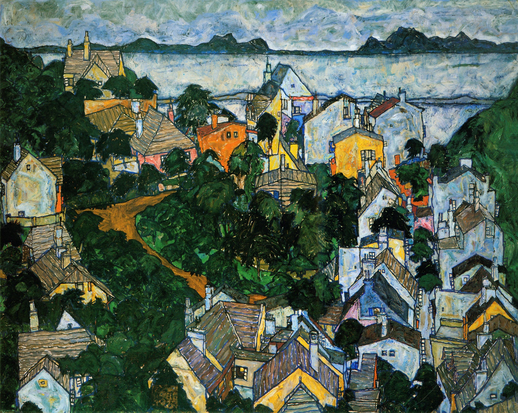 Large green and white Expressionist Abstract canvas print of Summer Landscape, Krumau by Egon Schiele