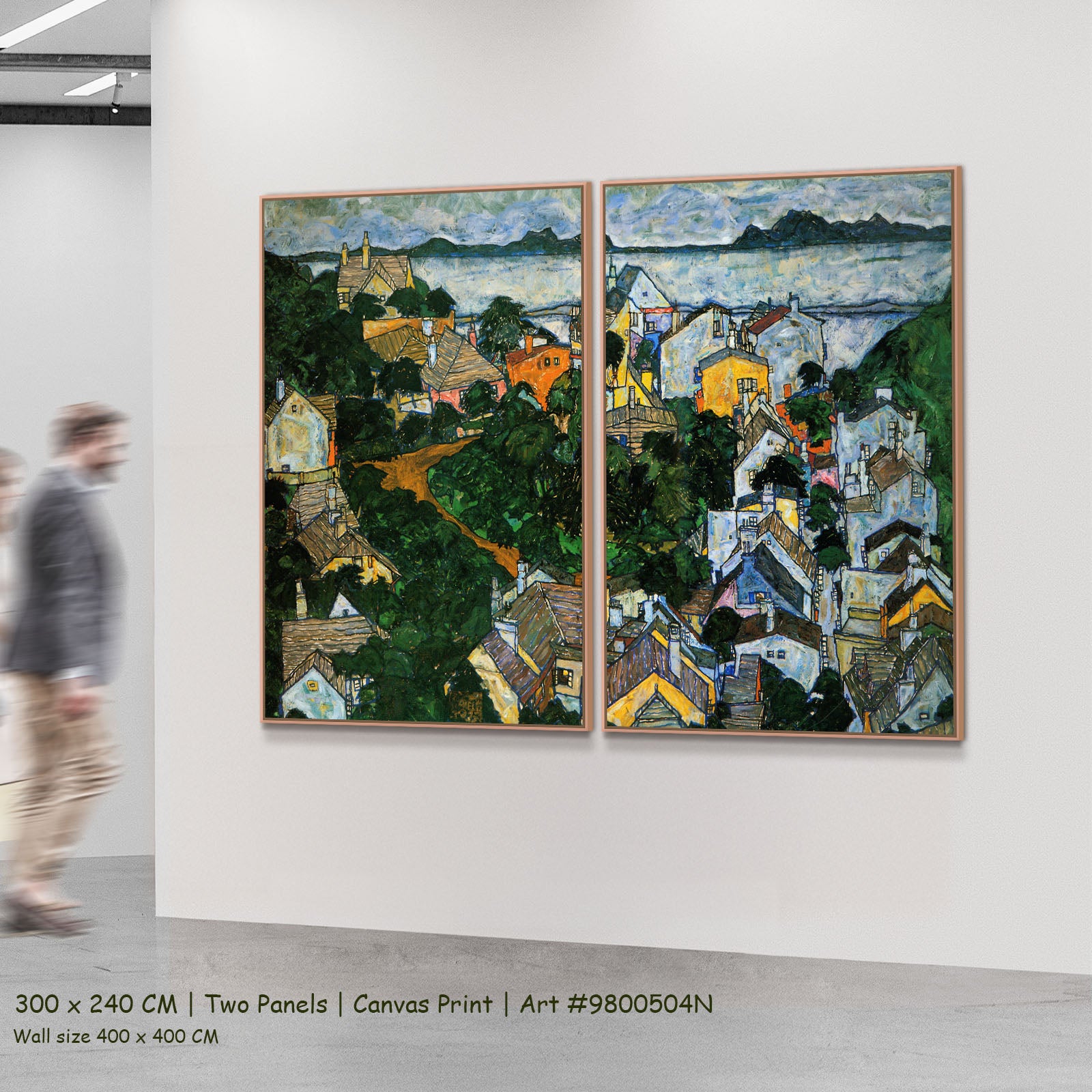 Summer Landscape, Krumau by Egon Schiele as a large two-panel green and white Expressionist Abstract canvas set