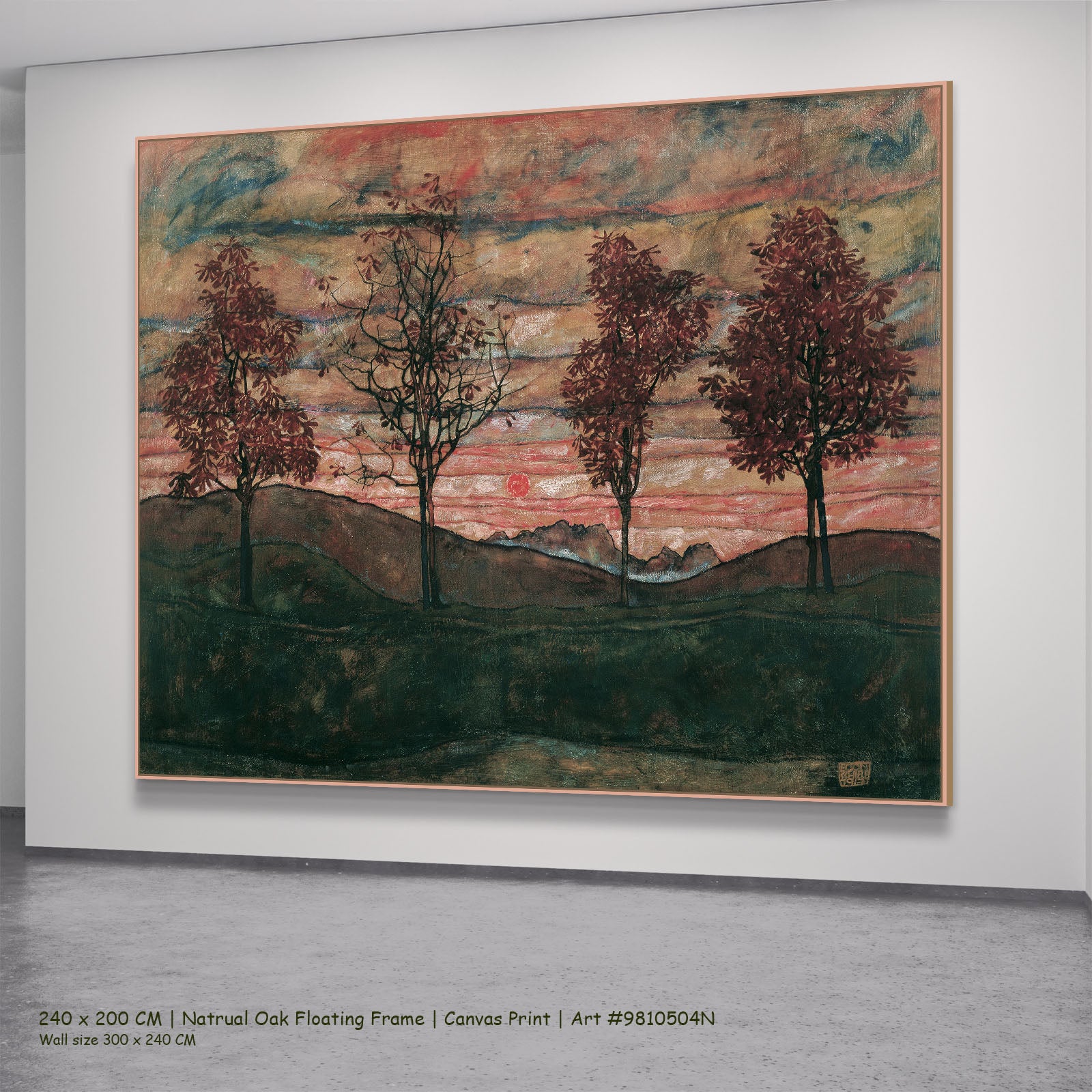Four Trees by Egon Schiele in a natural oak floating frame, large pink and red Expressionist Abstract canvas