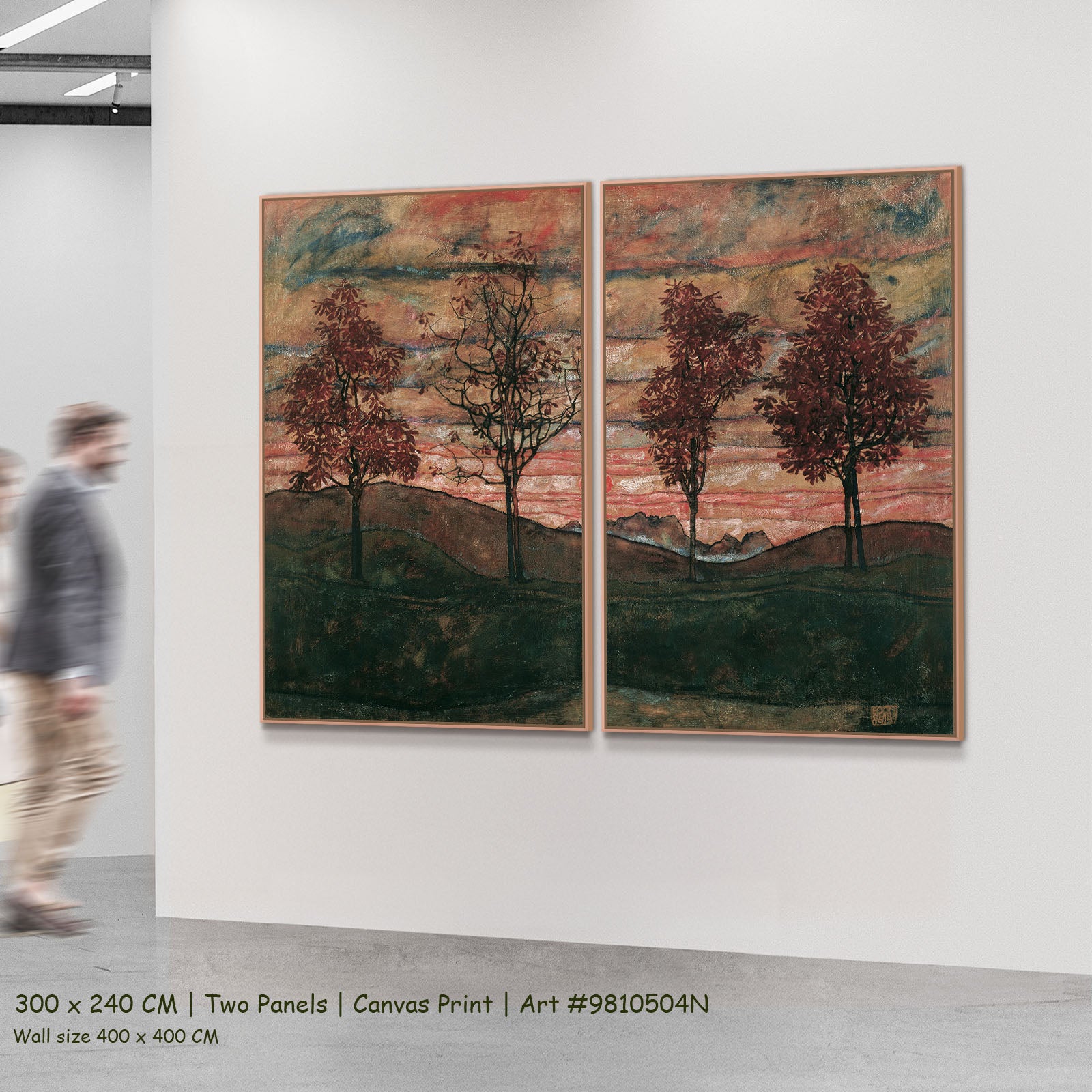 Four Trees by Egon Schiele as a large two-panel pink and red Expressionist Abstract canvas set