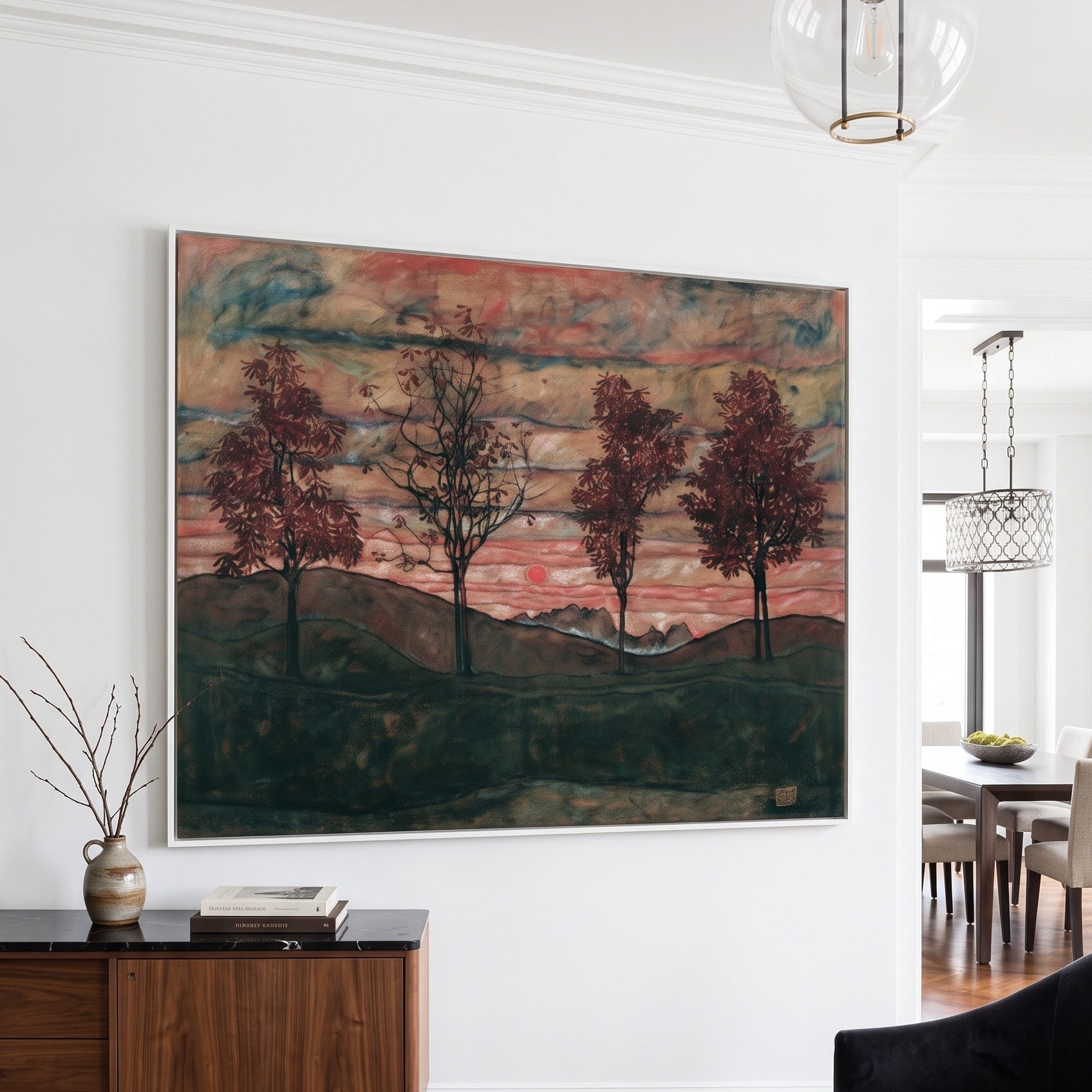 Four Trees by Egon Schiele — large pink and red Expressionist Abstract canvas art on a hallway wall