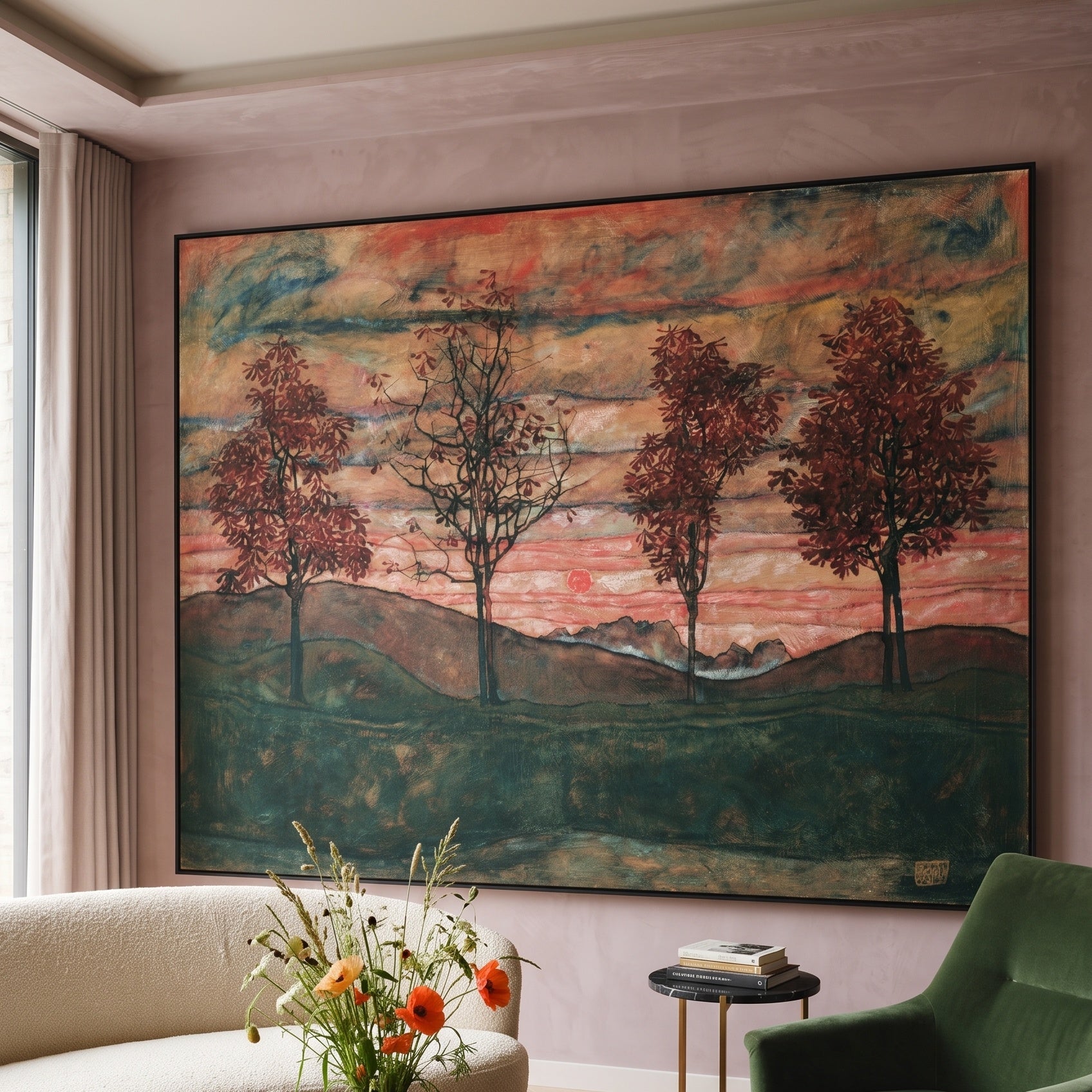 Four Trees by Egon Schiele — large pink and red Expressionist Abstract canvas art on a living room wall