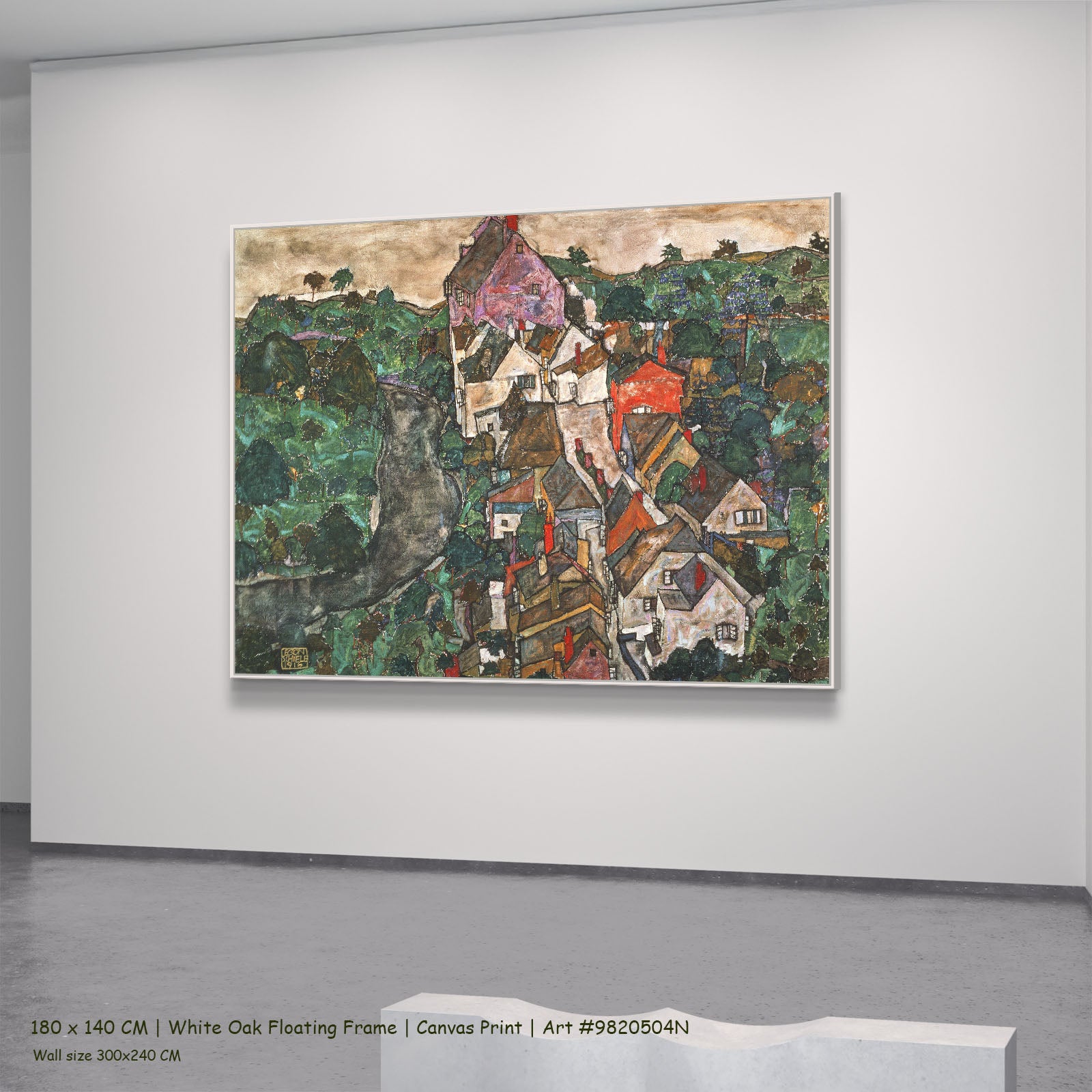 Krumau by Egon Schiele in a white oak floating frame, large green and white Expressionist Abstract canvas