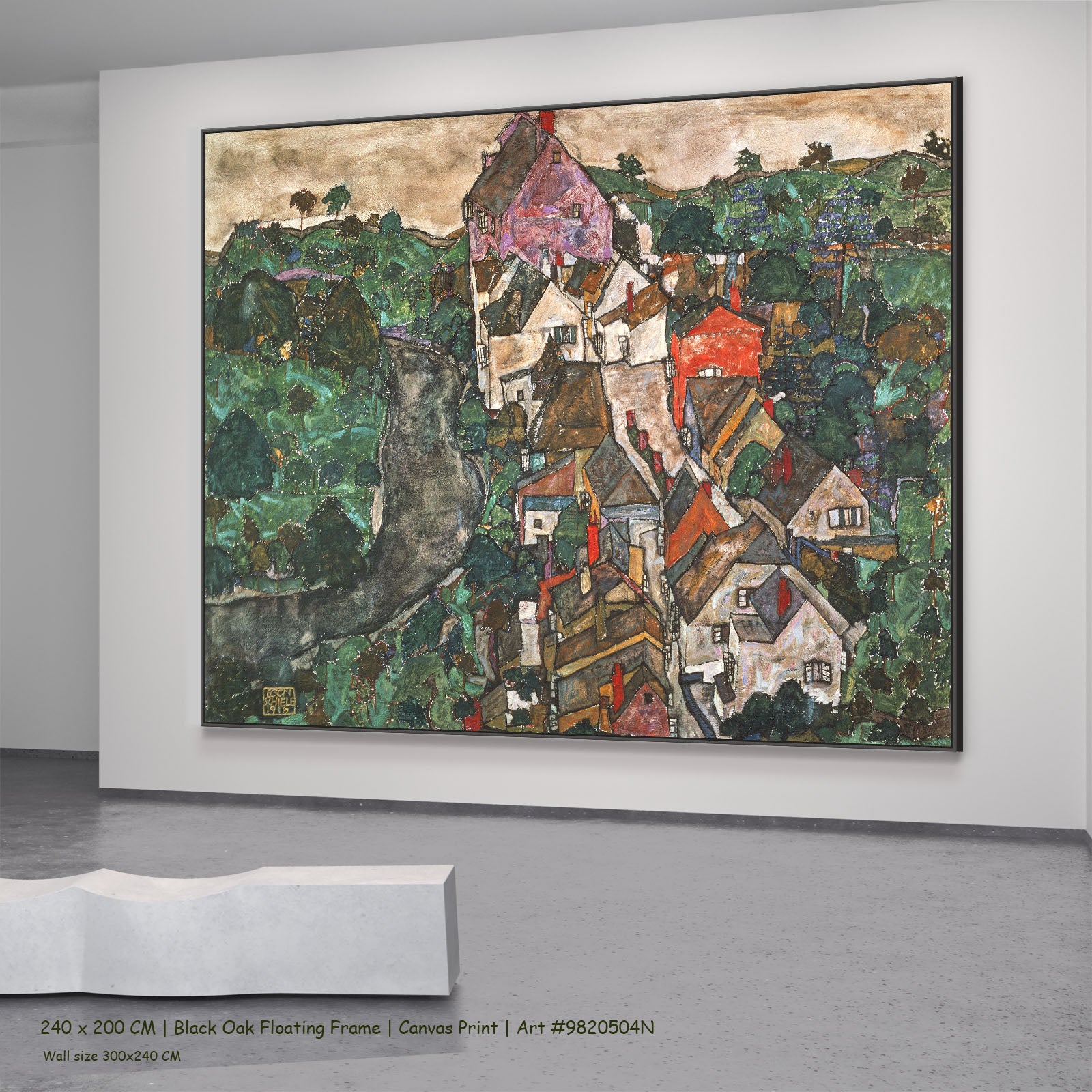 Krumau by Egon Schiele in a black oak floating frame, large green and white Expressionist Abstract canvas