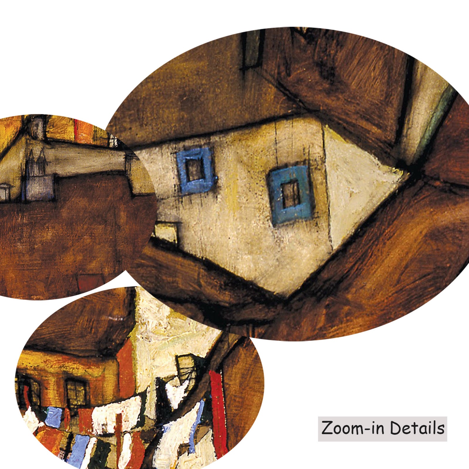 Close-up detail of the brushwork on Krumau - Crescent of Houses, a large brown and orange Expressionist Abstract canvas by Eg