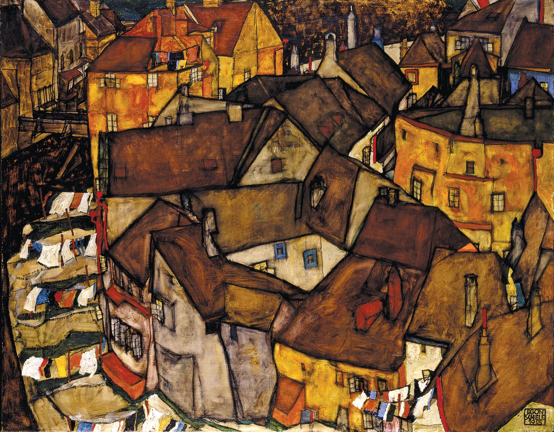 Large brown and orange Expressionist Abstract canvas print of Krumau - Crescent of Houses by Egon Schiele