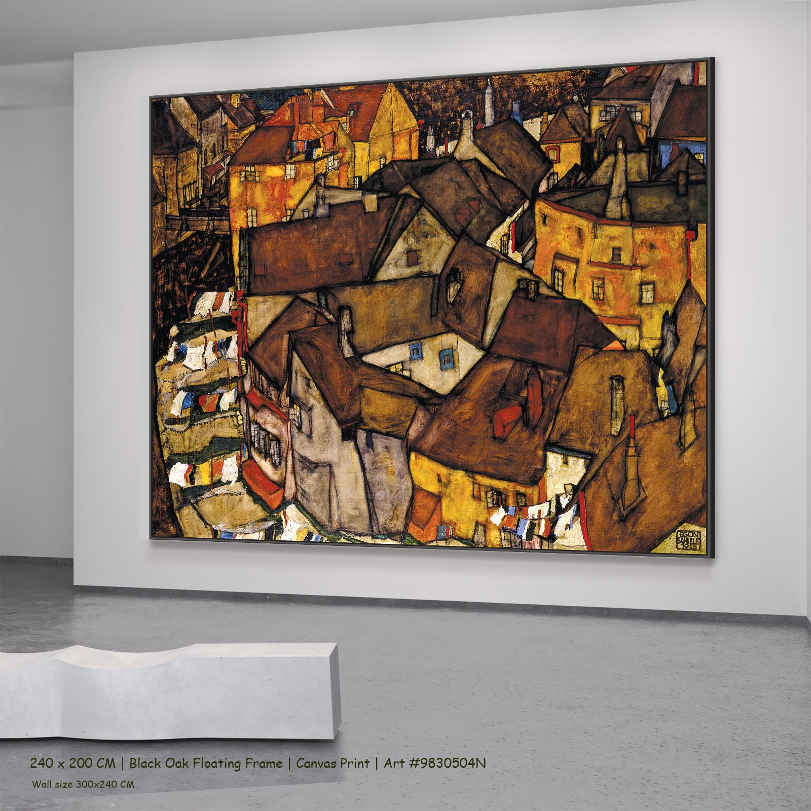 Krumau - Crescent of Houses by Egon Schiele in a black oak floating frame, large brown and orange Expressionist Abstract canv