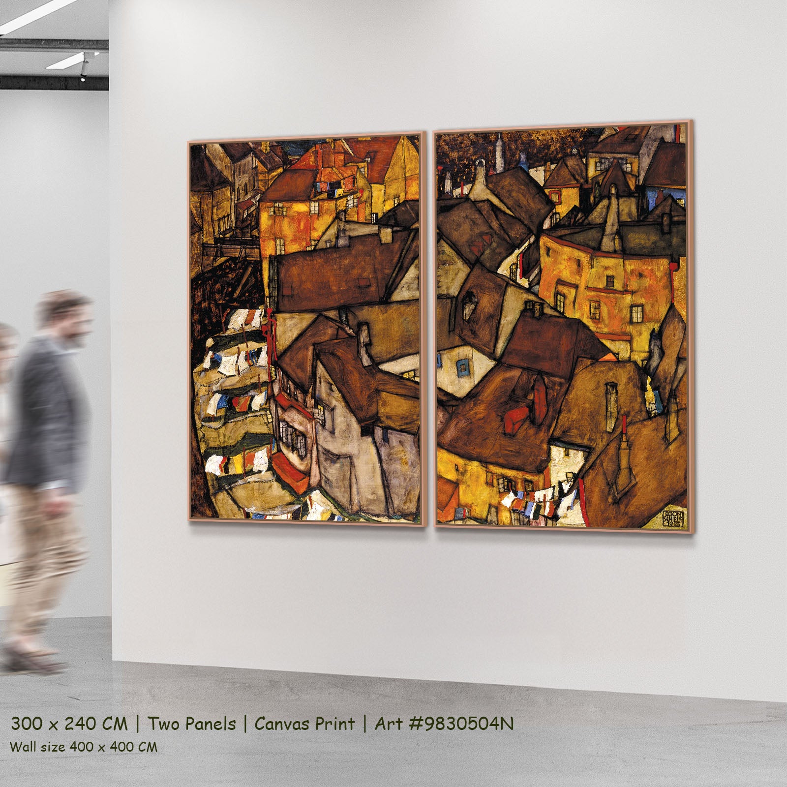 Krumau - Crescent of Houses by Egon Schiele as a large two-panel brown and orange Expressionist Abstract canvas set