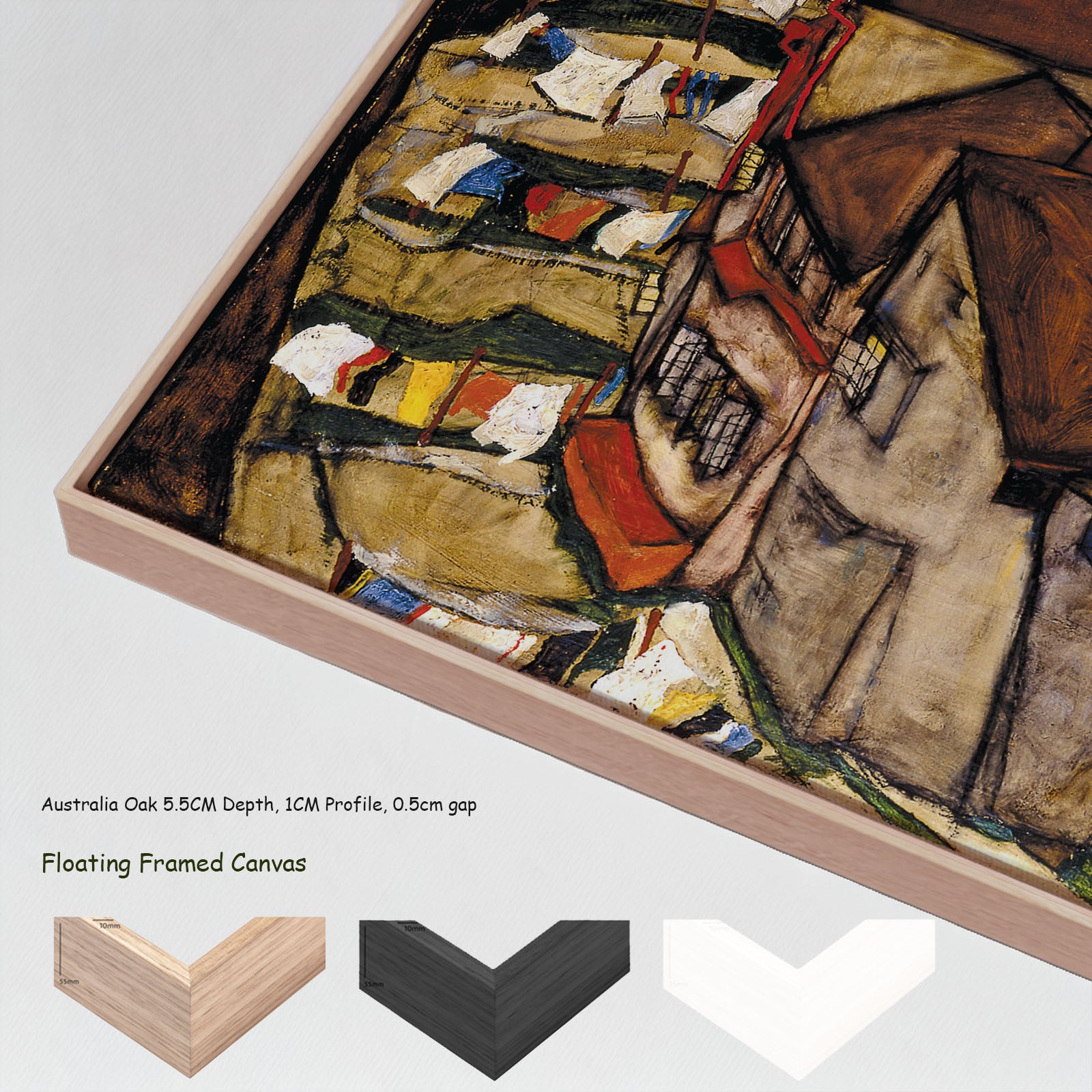 Krumau - Crescent of Houses by Egon Schiele in a floating frame, large brown and orange Expressionist Abstract canvas print
