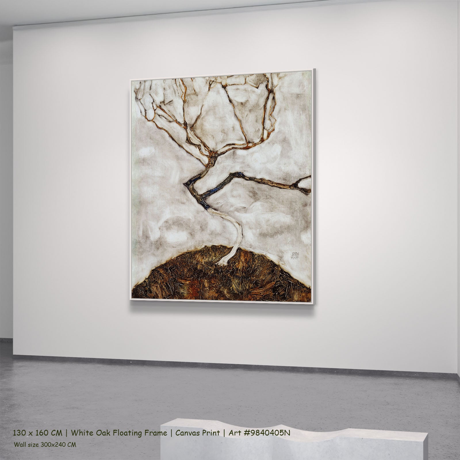 Small Tree in Late Autumn by Egon Schiele in a white oak floating frame, large brown and white Expressionist Abstract canvas