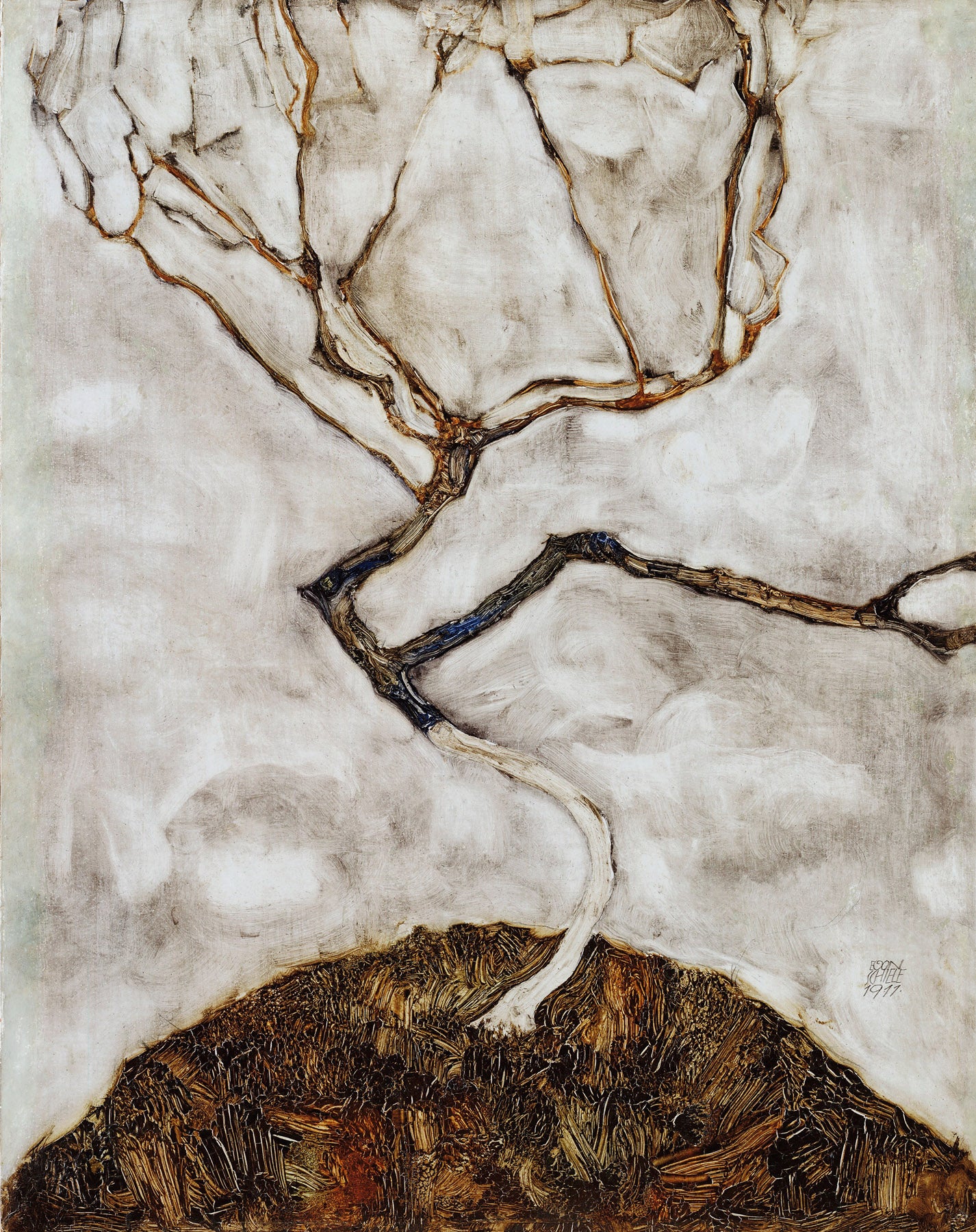 Large brown and white Expressionist Abstract canvas print of Small Tree in Late Autumn by Egon Schiele