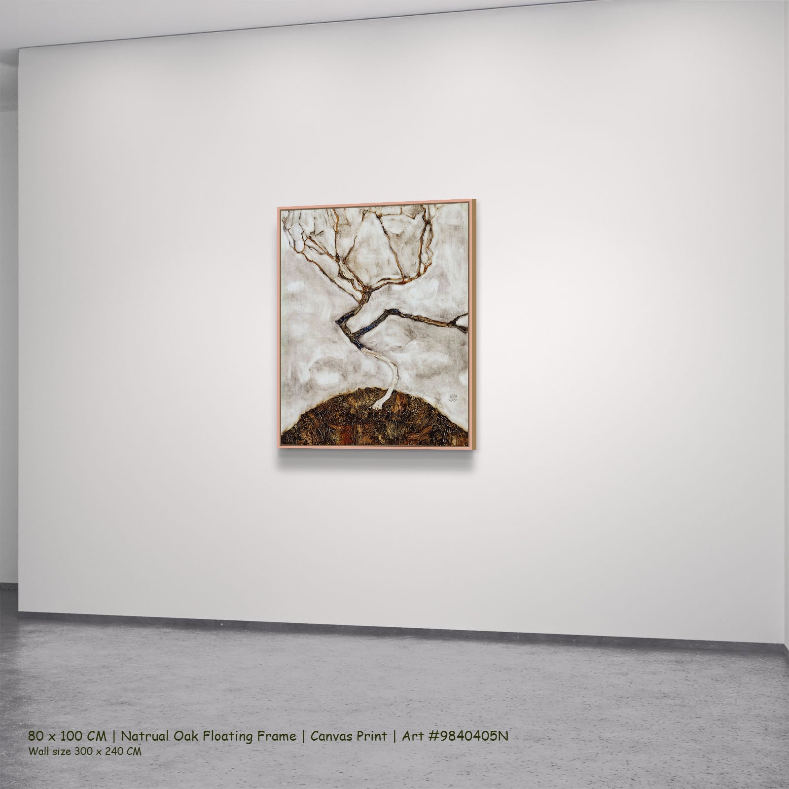 Small Tree in Late Autumn by Egon Schiele in a natural oak floating frame, large brown and white Expressionist Abstract canva