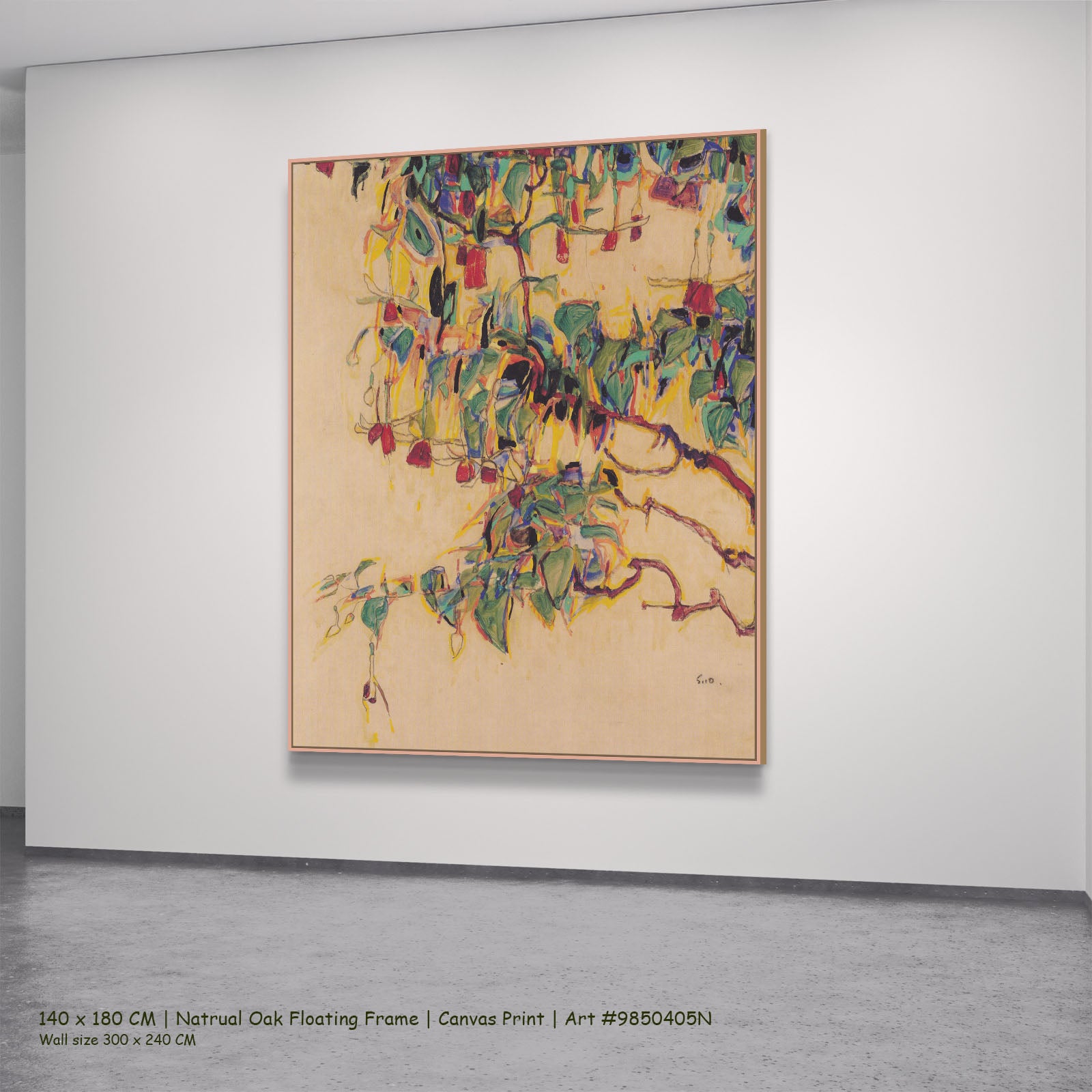 Sonnenbaum by Egon Schiele in a natural oak floating frame, large green and gold Expressionist Abstract canvas