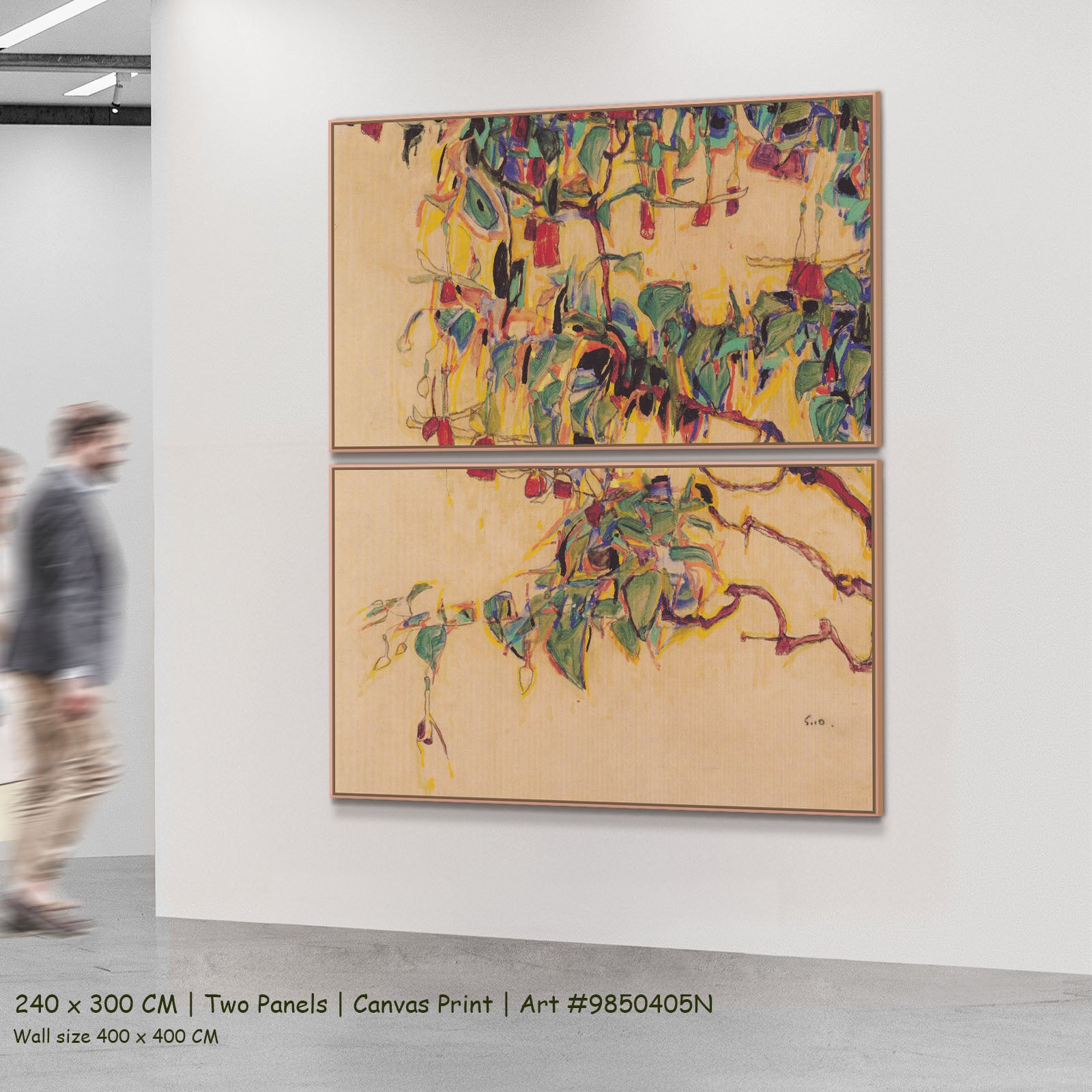 Sonnenbaum by Egon Schiele as a large two-panel green and gold Expressionist Abstract canvas set