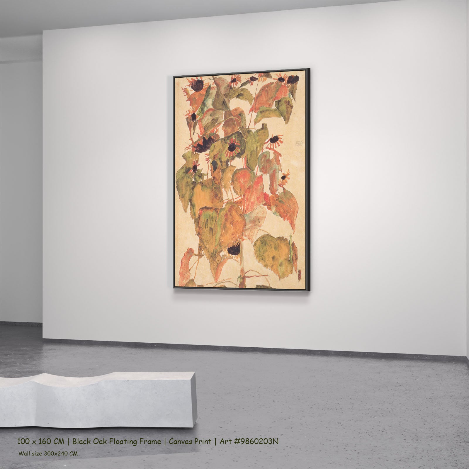 Sonnenblumen by Egon Schiele in a black oak floating frame, large olive and orange Expressionist Abstract canvas