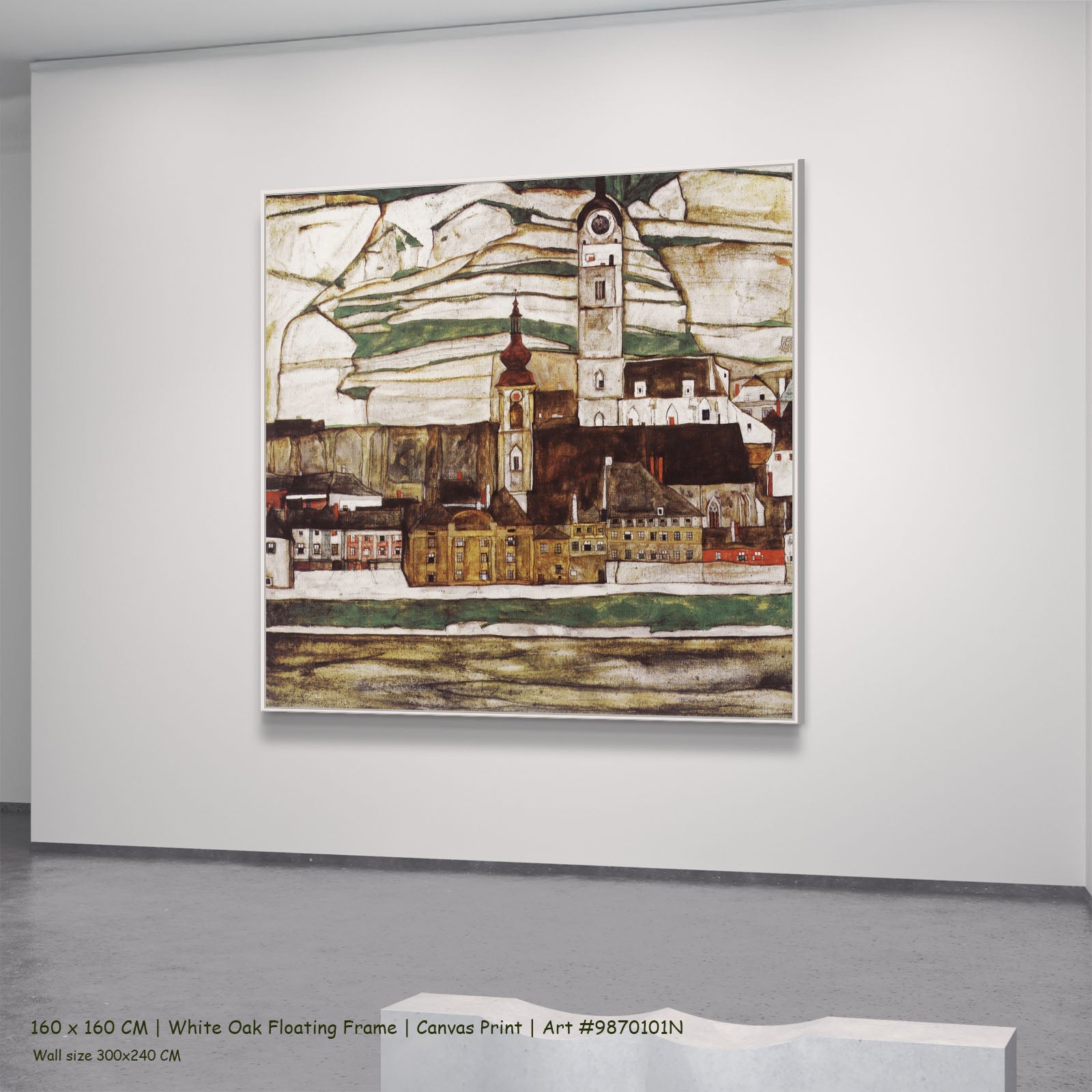 Stein on the Danube, Seen from by Egon Schiele in a white oak floating frame, large brown and gold Expressionist Abstract can