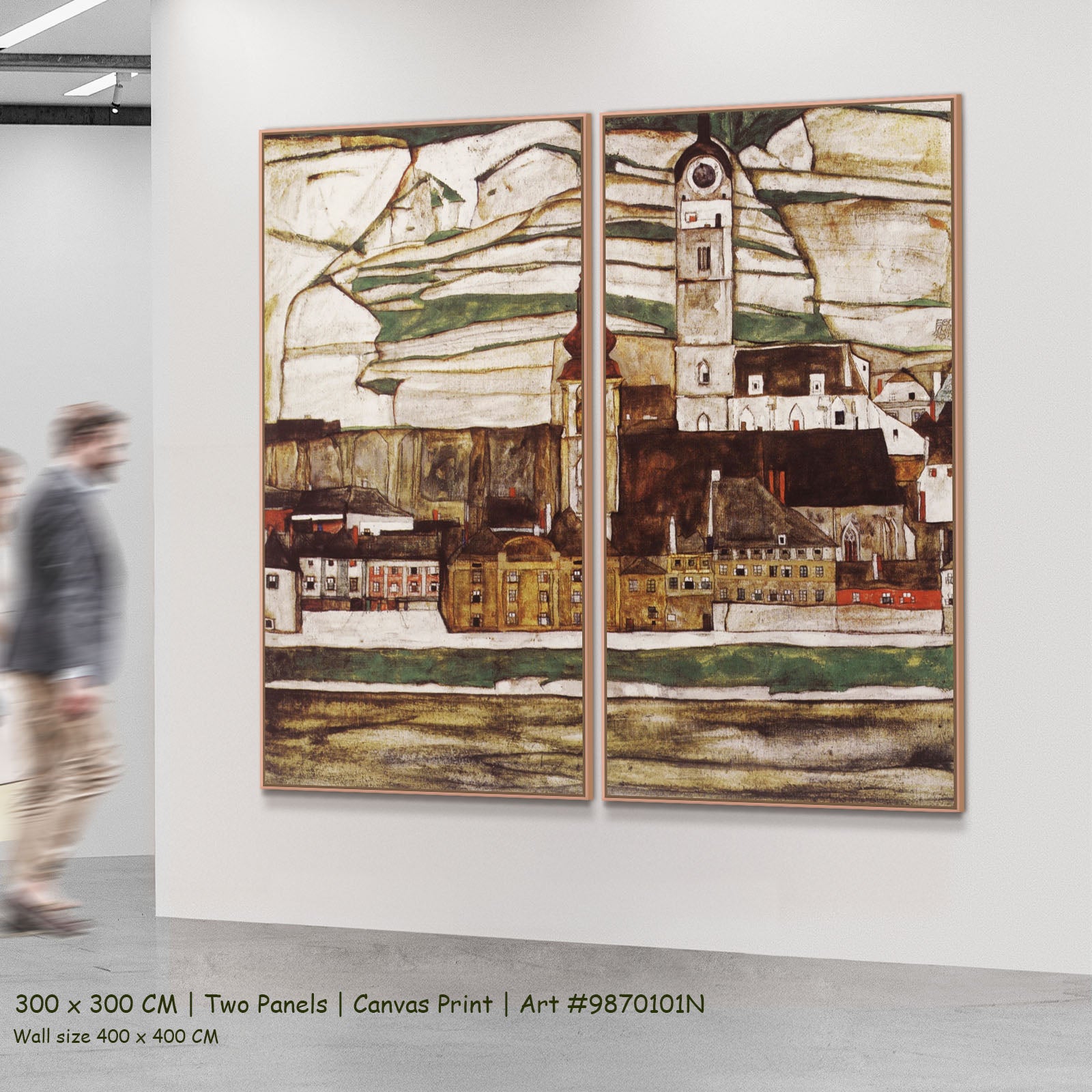 Stein on the Danube, Seen from by Egon Schiele as a large two-panel brown and gold Expressionist Abstract canvas set