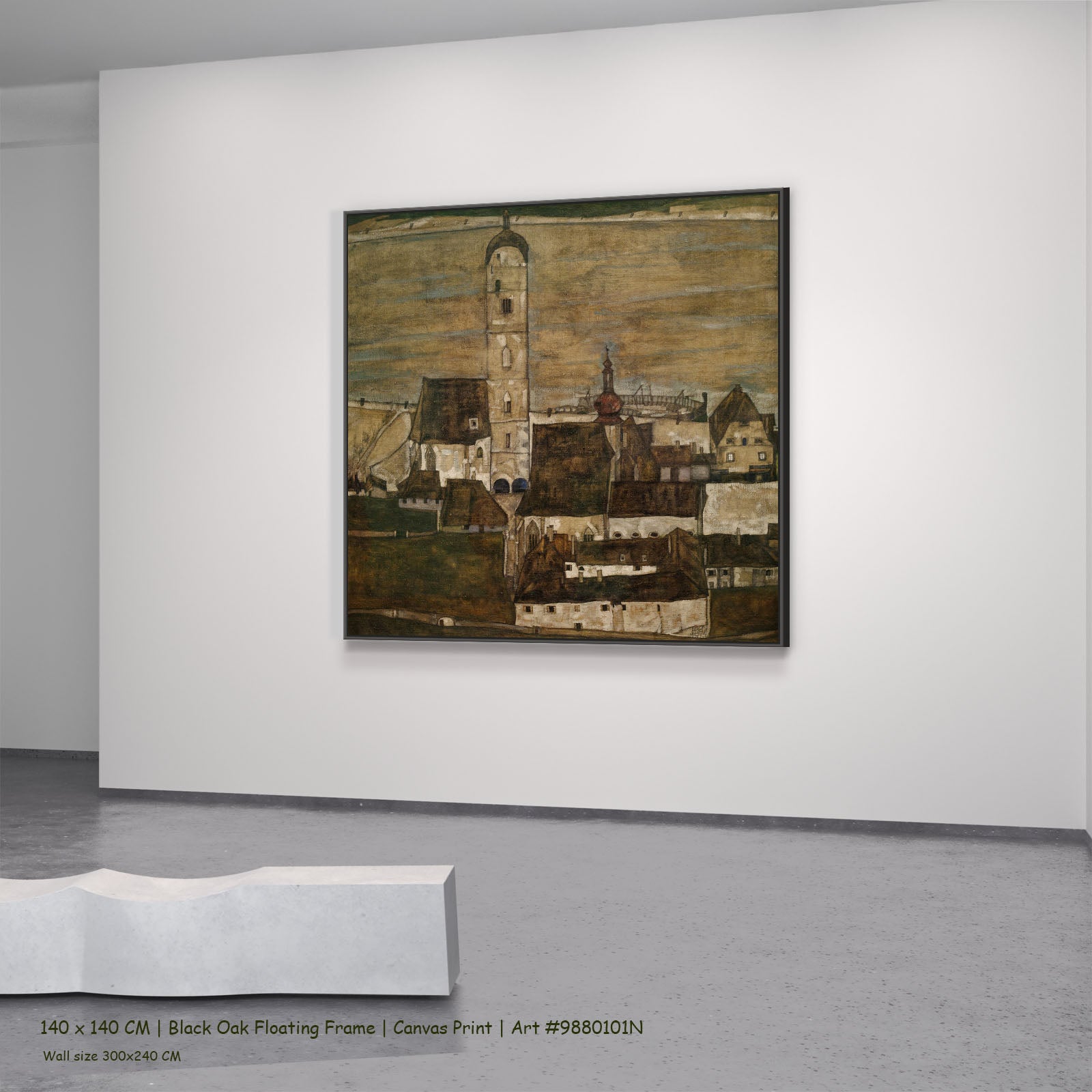 Stein on the Danube II by Egon Schiele in a black oak floating frame, large brown and olive Expressionist Abstract canvas