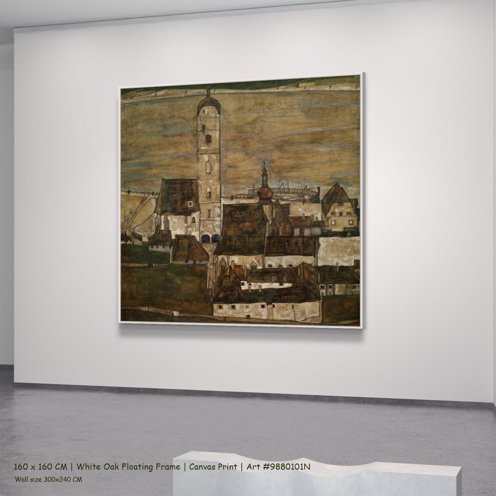 Stein on the Danube II by Egon Schiele in a white oak floating frame, large brown and olive Expressionist Abstract canvas