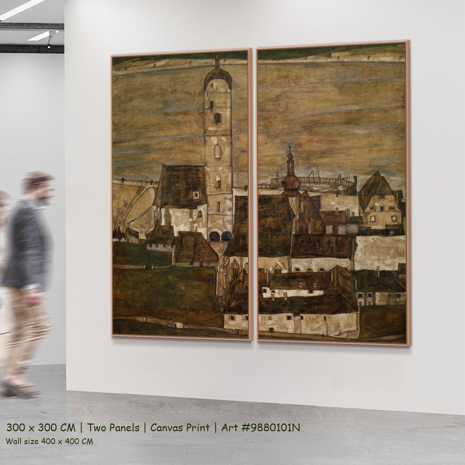 Stein on the Danube II by Egon Schiele as a large two-panel brown and olive Expressionist Abstract canvas set