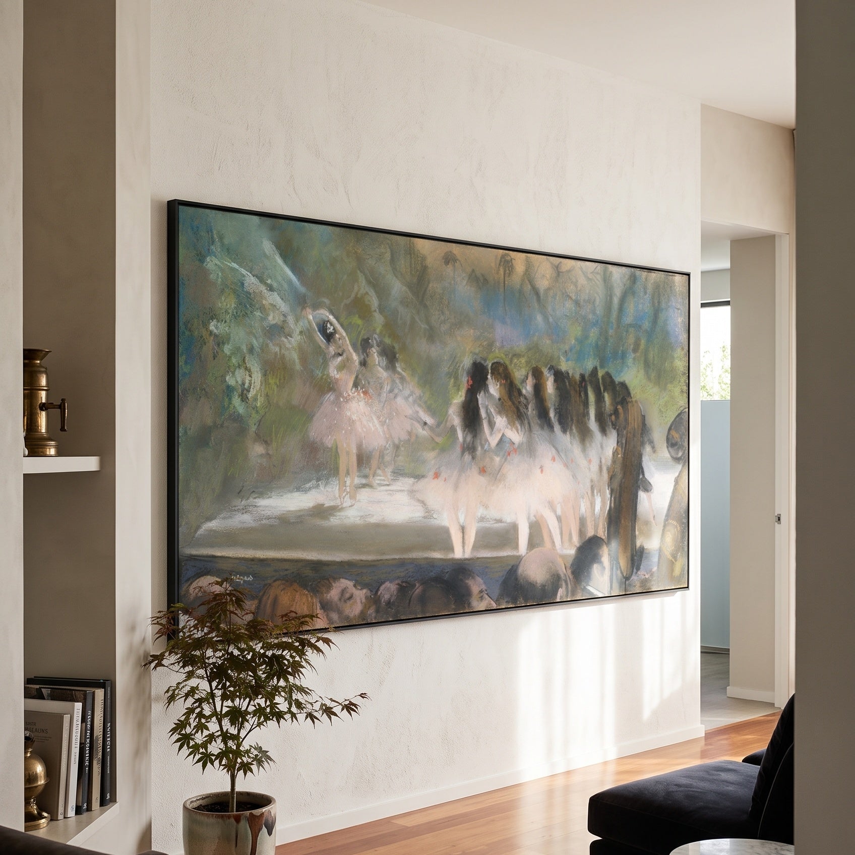 Ballet at the Paris Opéra by Edgar Degas — large green and olive Impressionist canvas art displayed on a wall