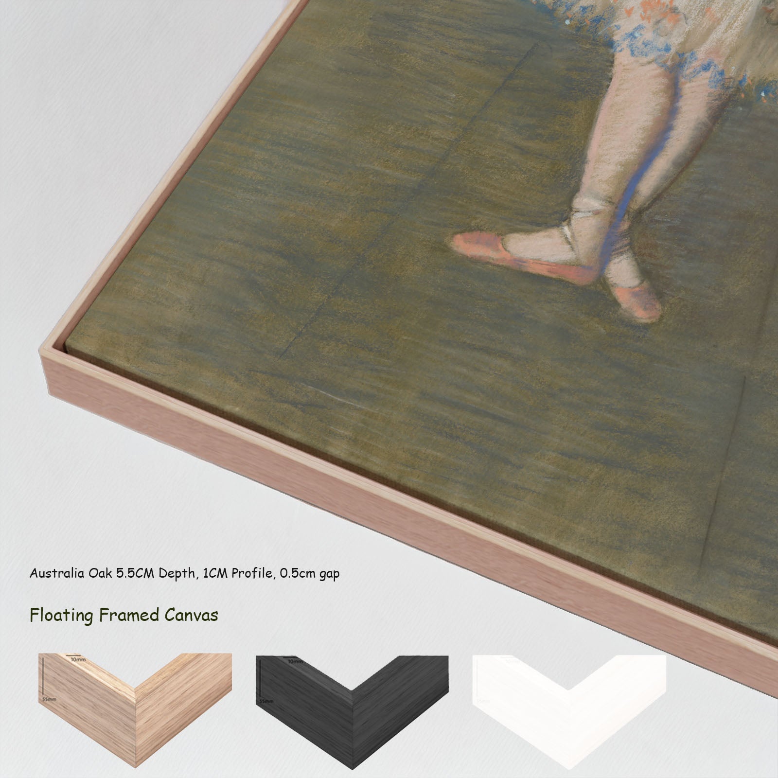 The Star by Edgar Degas in a floating frame, large olive and pink Impressionist canvas print