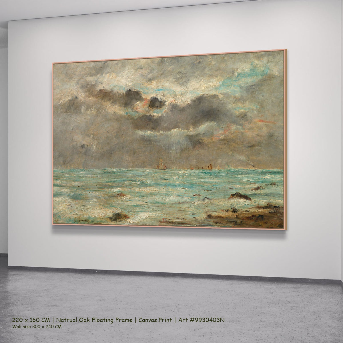 The Coast at Trouville by Eugene Boudin in a natural oak floating frame, large aqua and grey Impressionist canvas