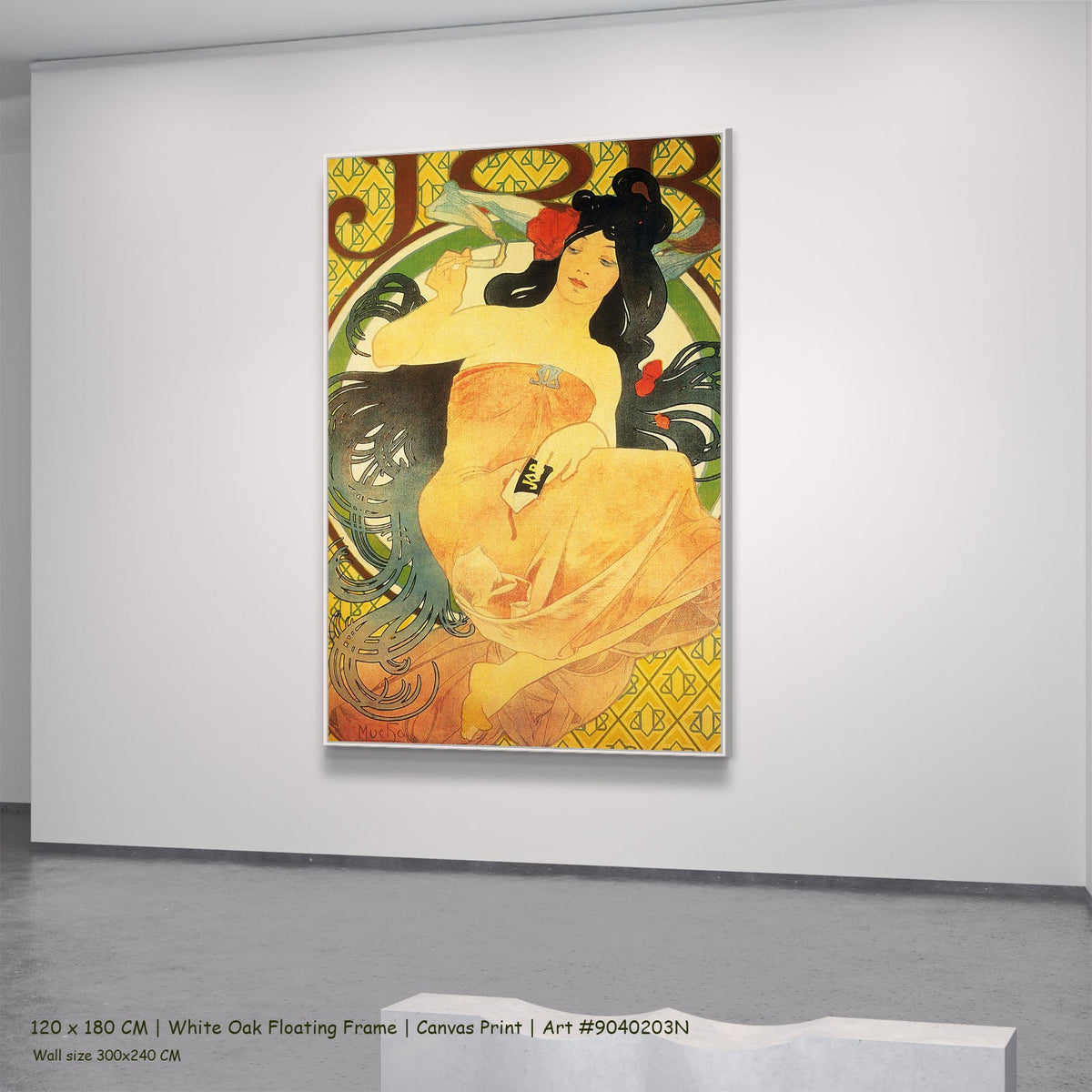 Job by Alphonse Mucha in a white oak floating frame, large gold and orange Art Nouveau canvas
