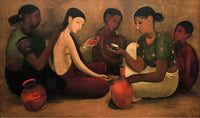 Large brown and red Modernist canvas print of Bride's Toilet by Amrita Sher-Gil