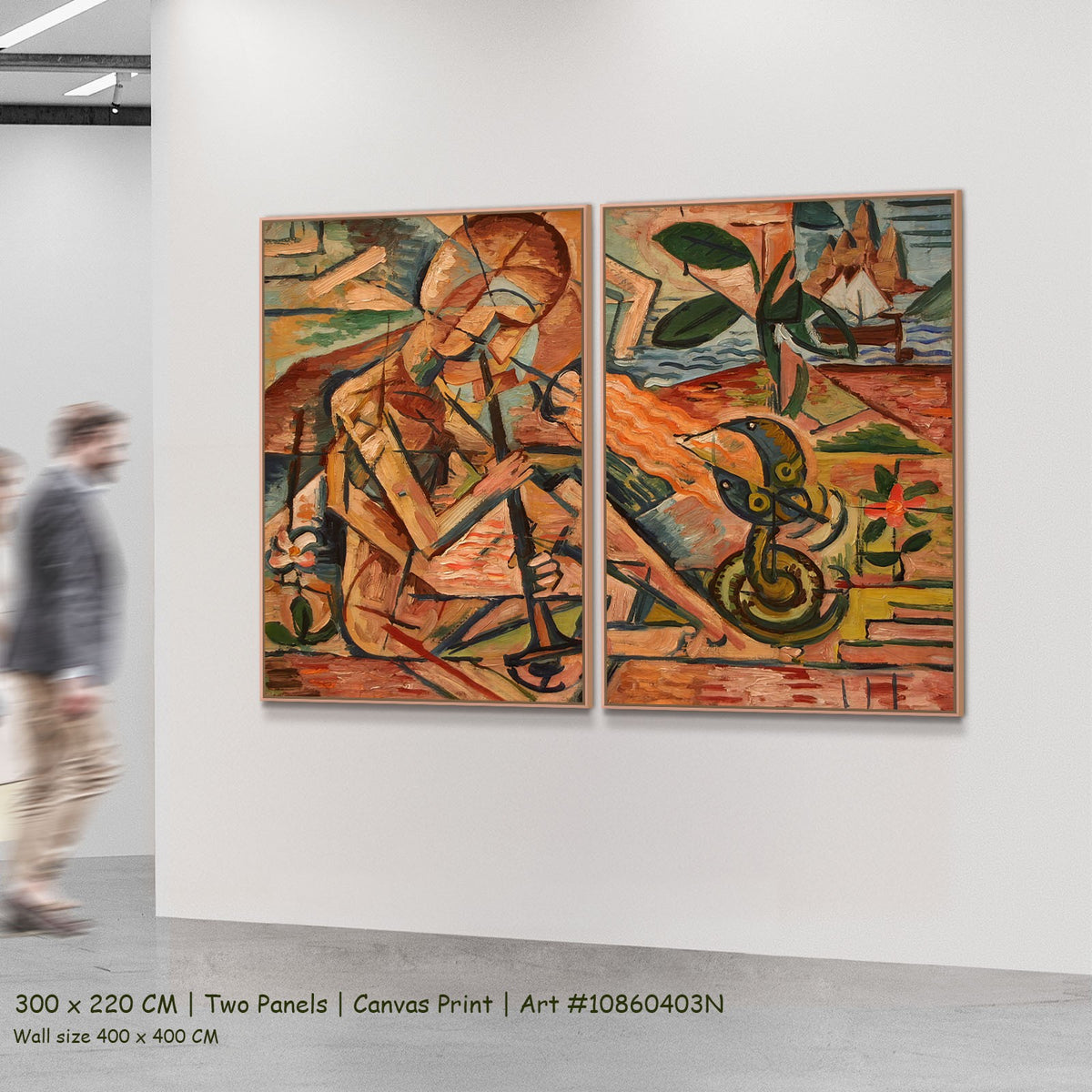 Fakir Taming Snakes by Bohumil Kubišta as a large two-panel orange and green Expressionist Abstract canvas set