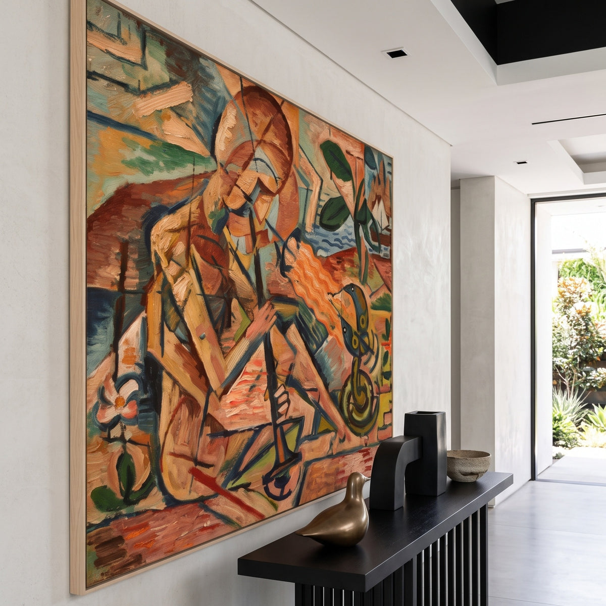 Fakir Taming Snakes by Bohumil Kubišta — large orange and green Expressionist Abstract canvas art on a hallway wall