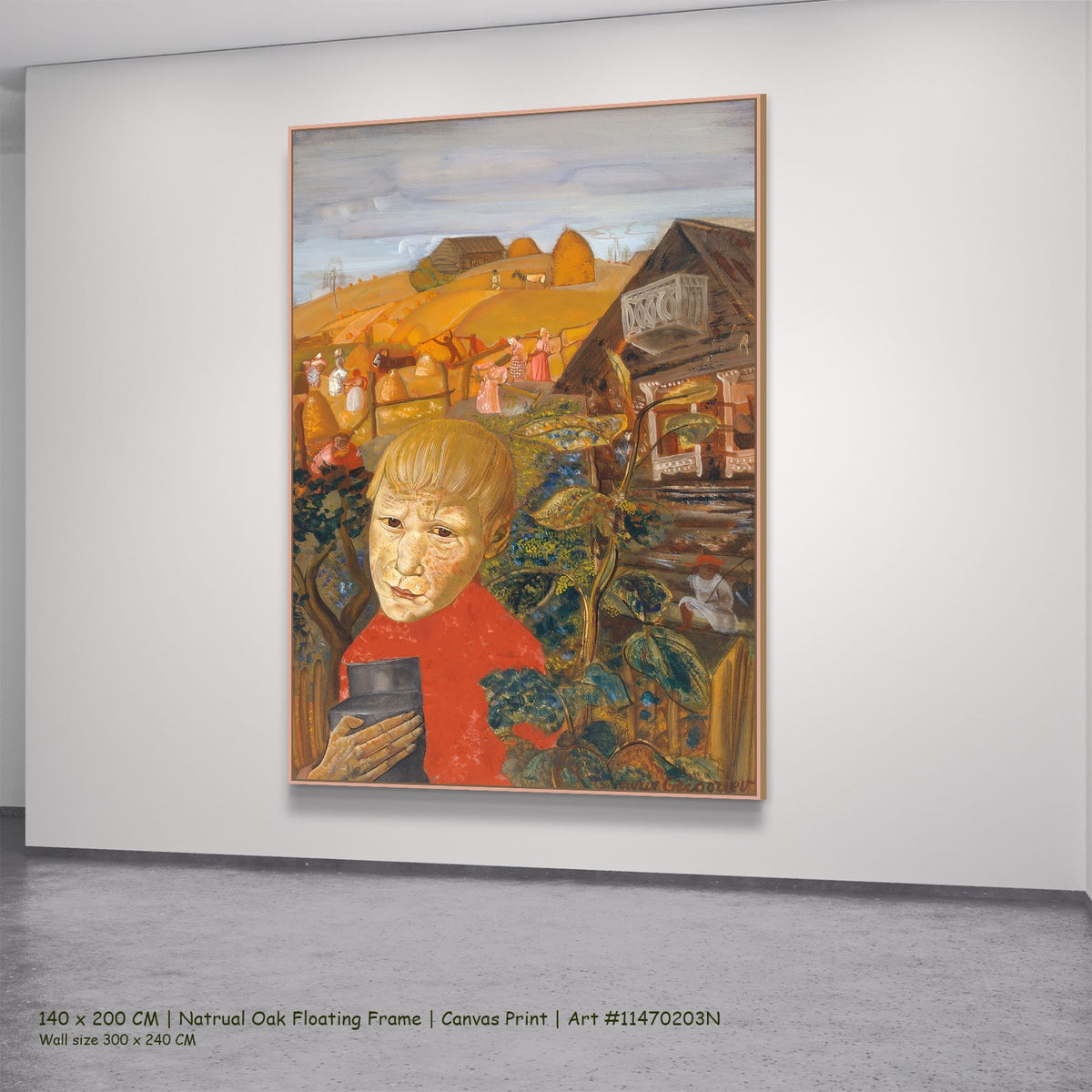 Sergei Esenin as a Youth by Boris Grigoriev in a natural oak floating frame, large orange and red Expressionist canvas