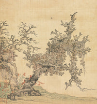 Large gold and grey Landscape canvas print of An Ancient Tree by Chen Hongshou