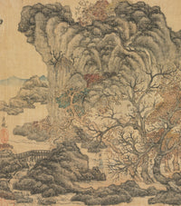 Large gold and grey Landscape canvas print of Travelers in an Autumn Landscape by Chen Hongshou
