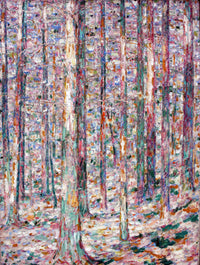 Large pink and light blue Pointillist canvas print of Trunks of Pines in Sunlight by Christian Rohlfs