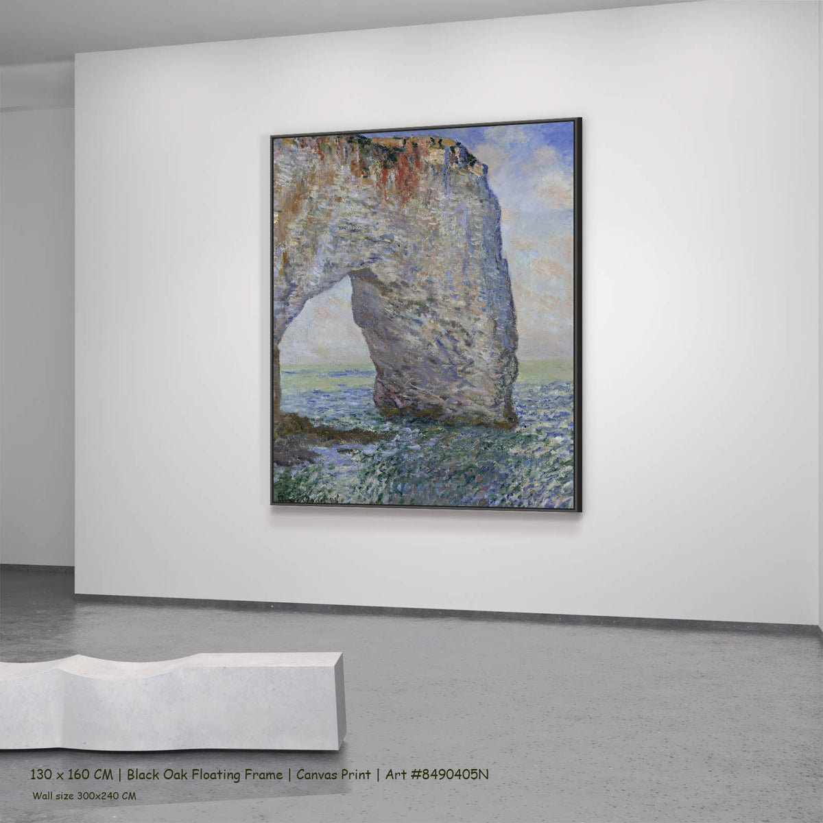 Claude Monet — The Manneporte near Étretat Coastal canvas wall art in a black oak floating frame, 130 × 160 cm
