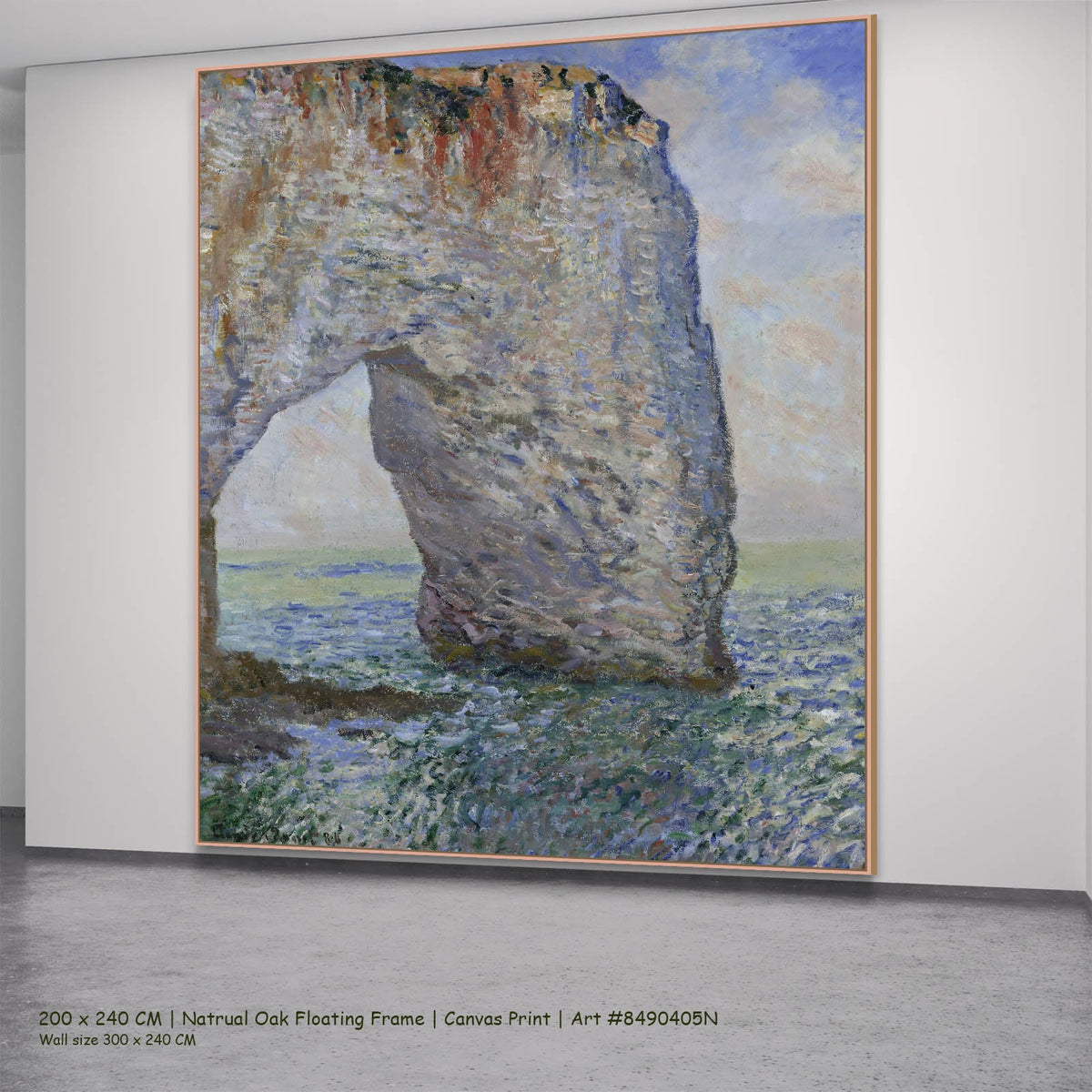 Claude Monet — The Manneporte near Étretat Coastal canvas wall art in a natural oak floating frame, 200 × 240 cm