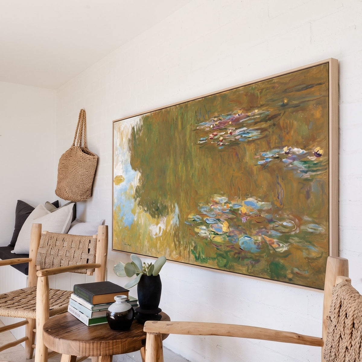 Claude Monet | Panoramic Yellow Olive Impressionist Canvas Wall Art | The Water Lily Pond — room photo 2