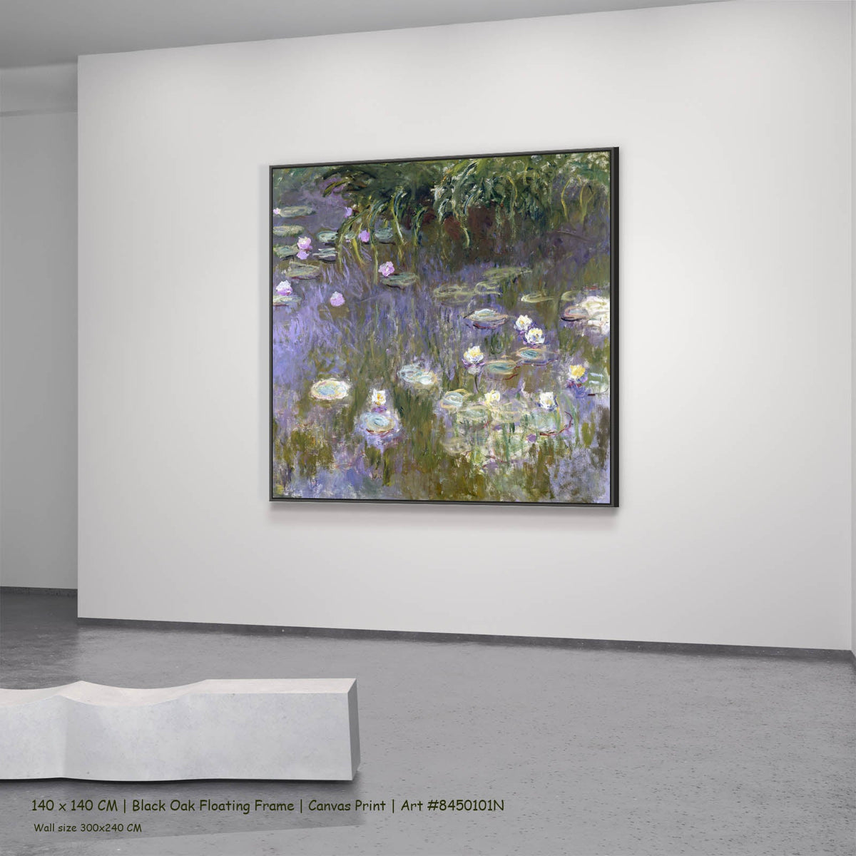 Claude Monet — Water Lilies (Square Composition) Floral canvas wall art in a black oak floating frame, 140 × 140 cm