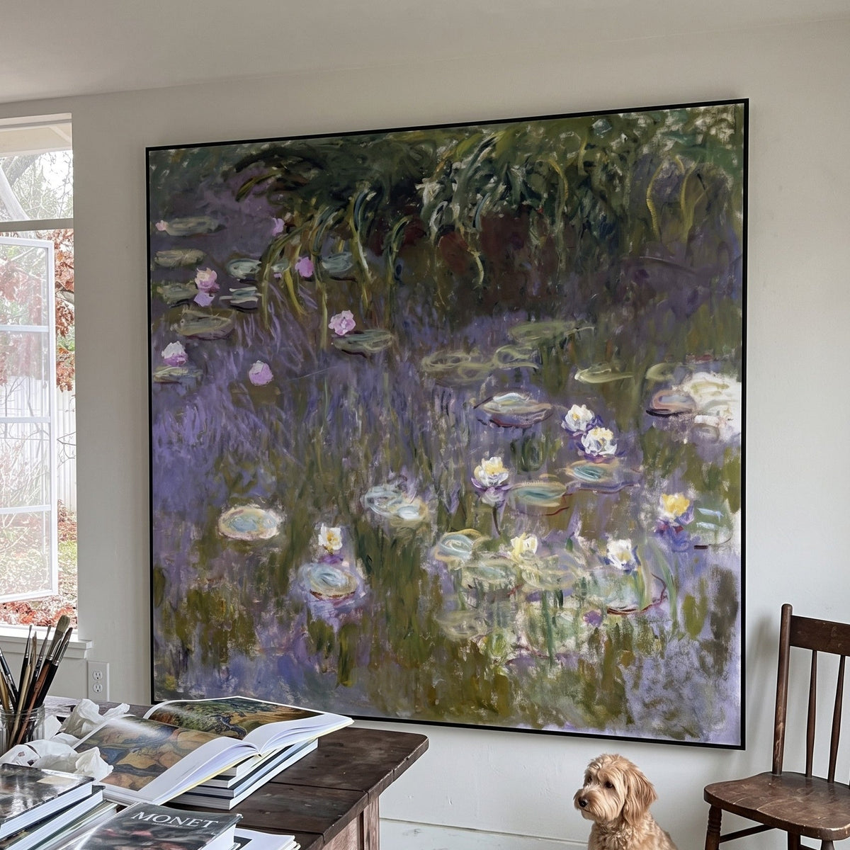 Claude Monet | Large Purple Green Impressionist Canvas Wall Art | Water Lilies (Square Composition) — room photo 2
