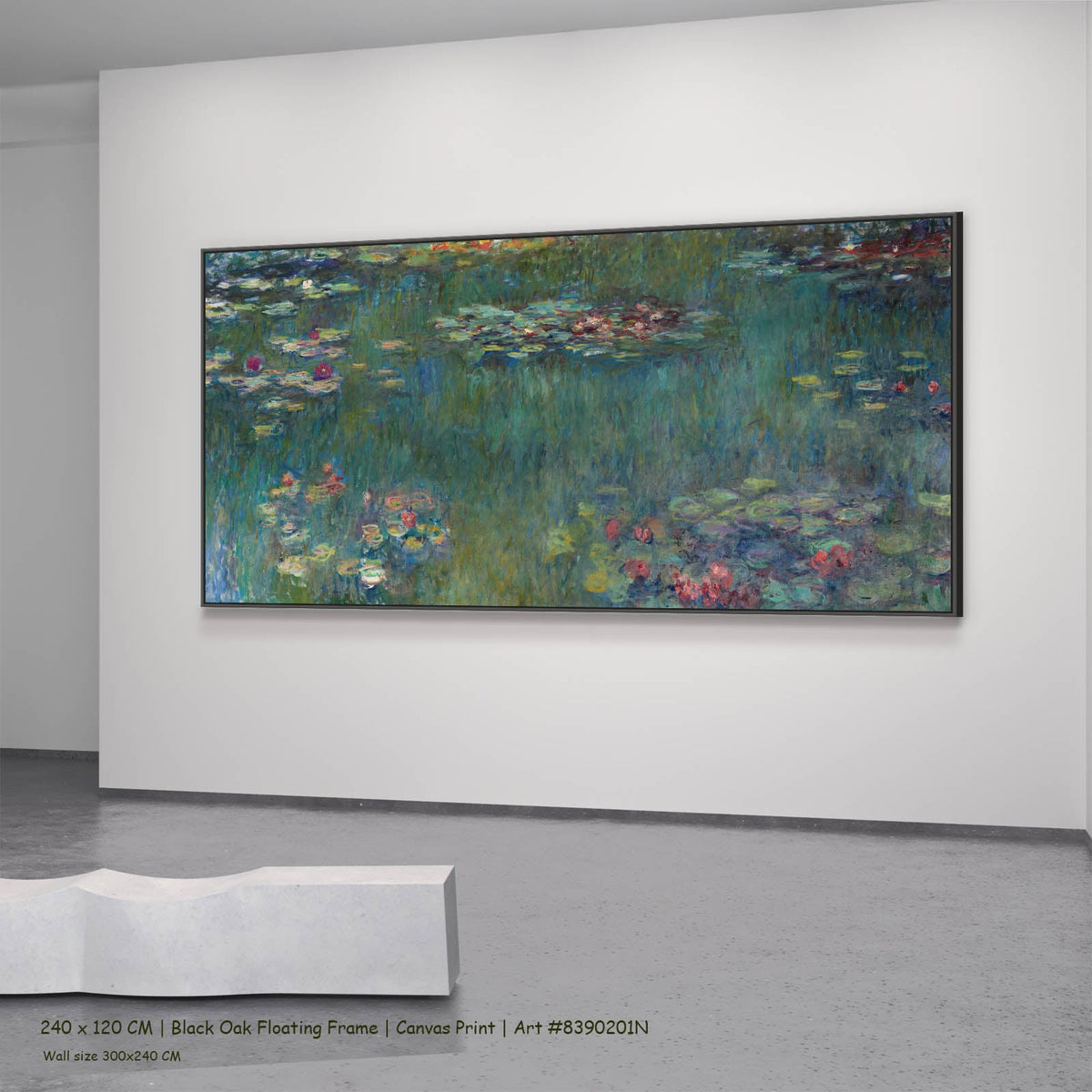 Claude Monet — Water Lilies (Panoramic) Floral canvas wall art in a black oak floating frame, 240 × 120 cm