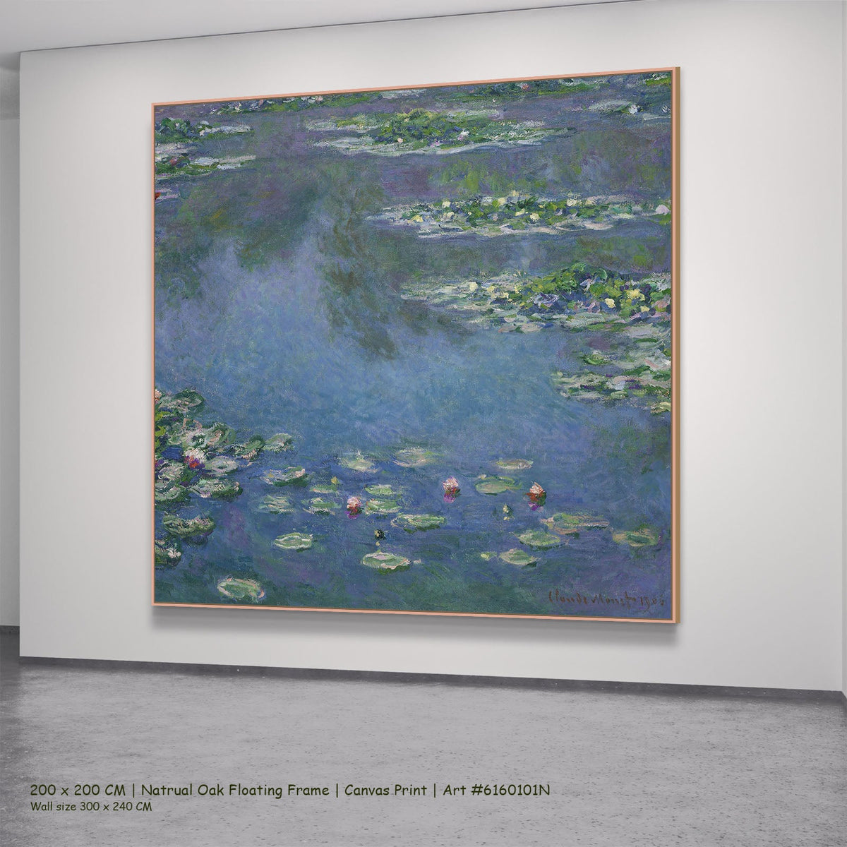 Claude Monet, Water Lilies — natural oak mockup, large canvas print
