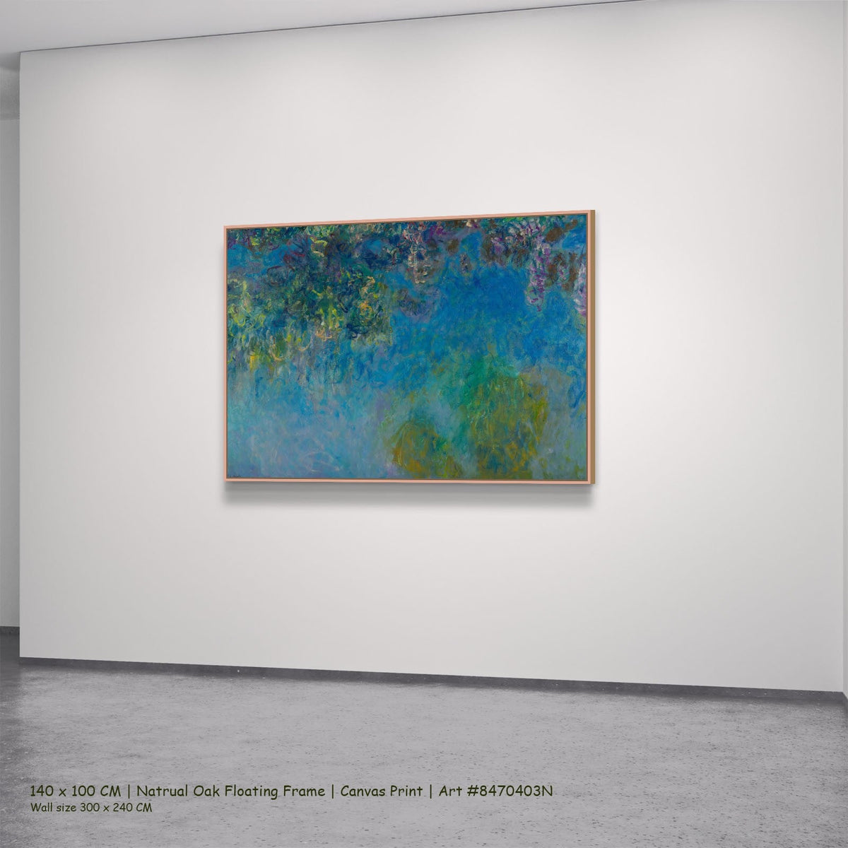 Claude Monet — Wisteria Floral canvas wall art in a natural oak floating frame, 200 × 150 cm