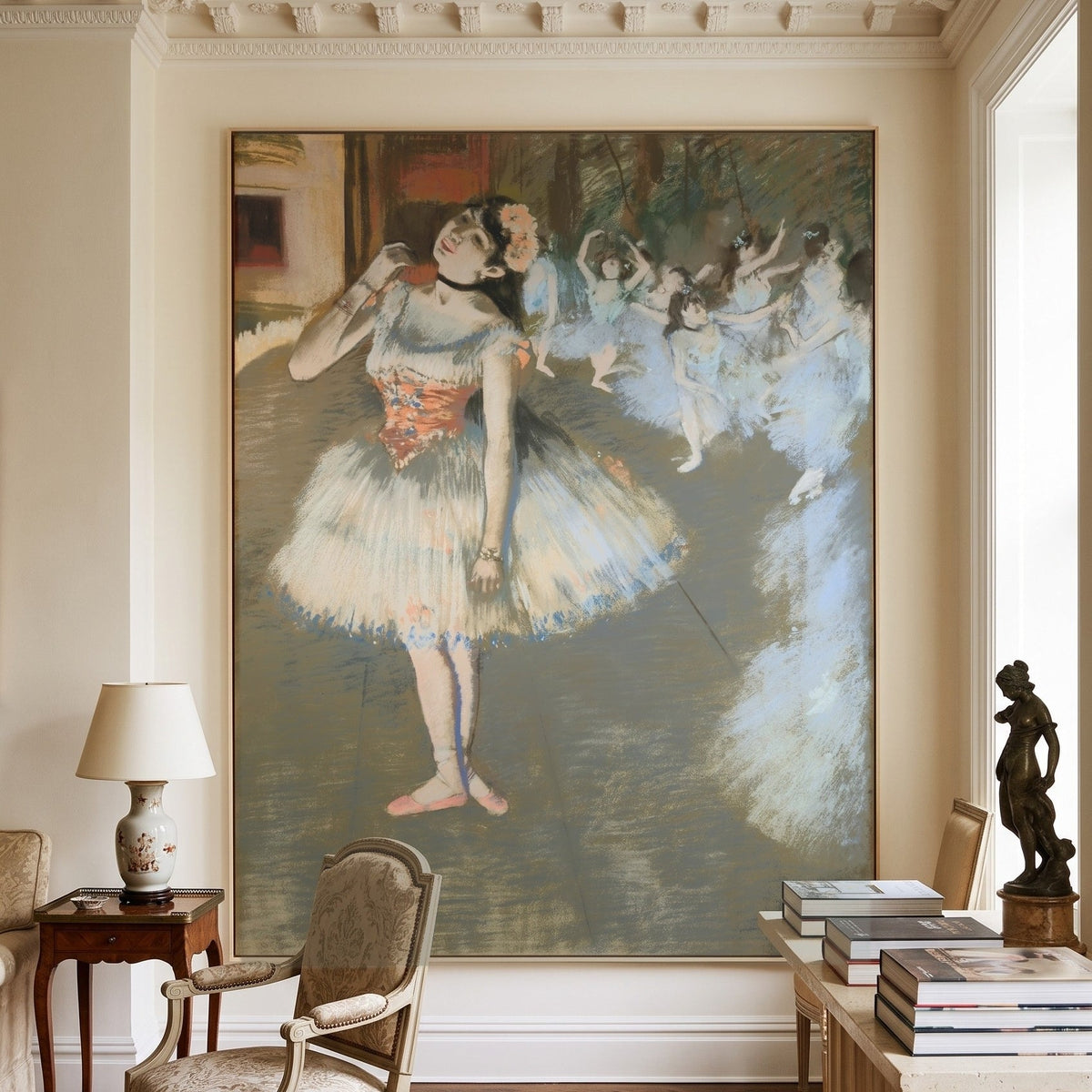 The Star by Edgar Degas — large olive and pink Impressionist canvas art on a hallway wall