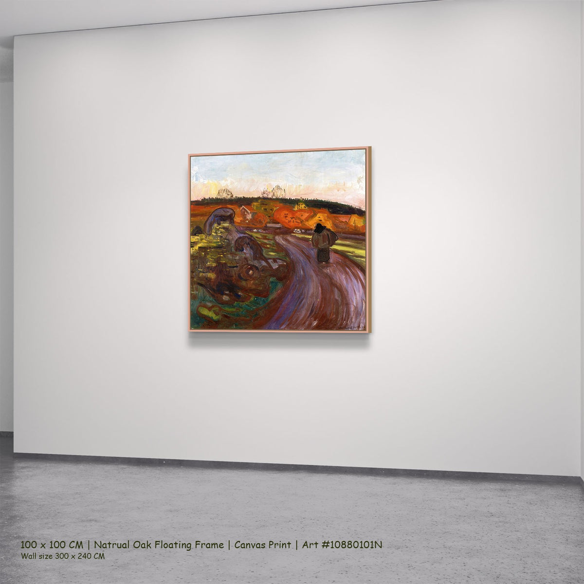 Autumn by Edvard Munch in a natural oak floating frame, large brown and orange Expressionist canvas