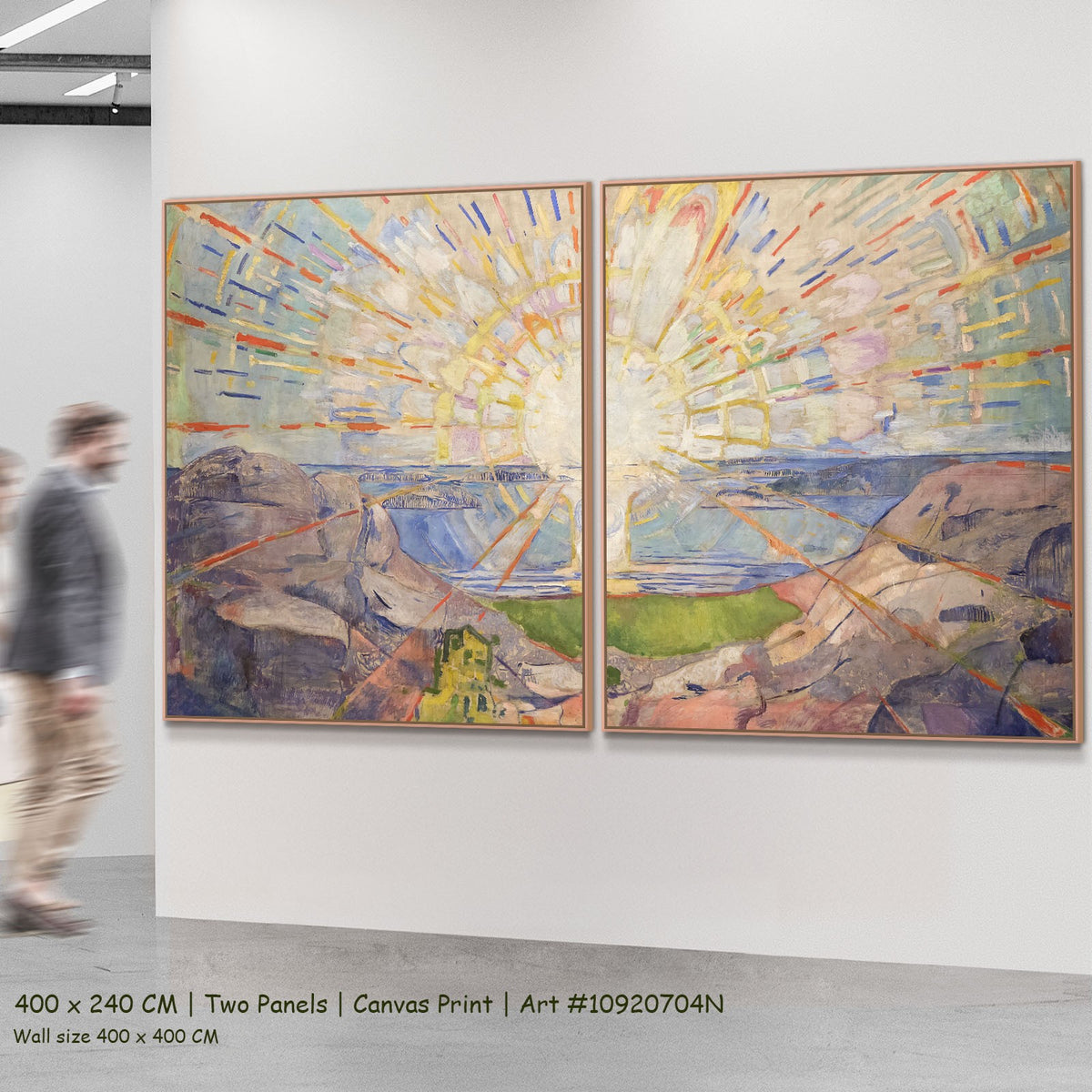 The Sun by Edvard Munch as a large two-panel yellow and blue Expressionist canvas set