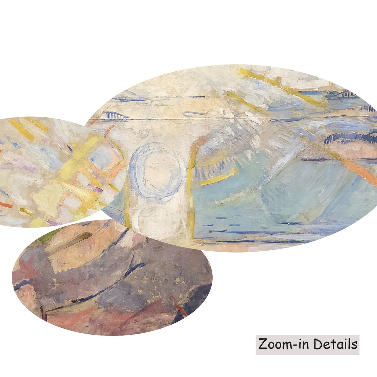 Close-up detail of the brushwork on The Sun, a large yellow and blue Expressionist canvas by Edvard Munch