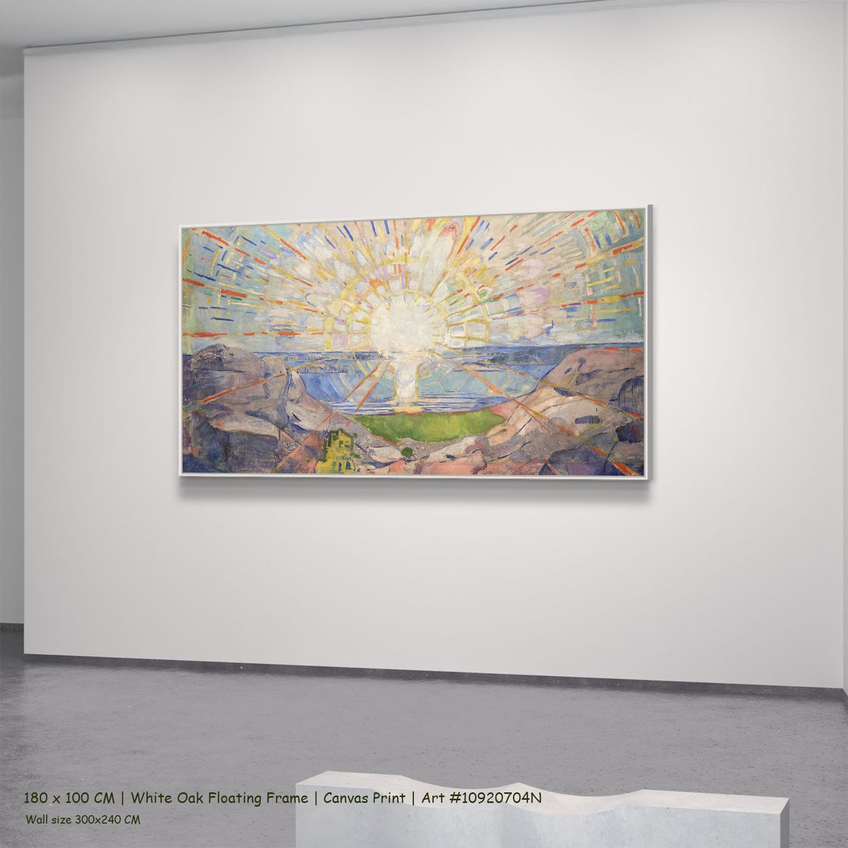 The Sun by Edvard Munch in a white oak floating frame, large yellow and blue Expressionist canvas